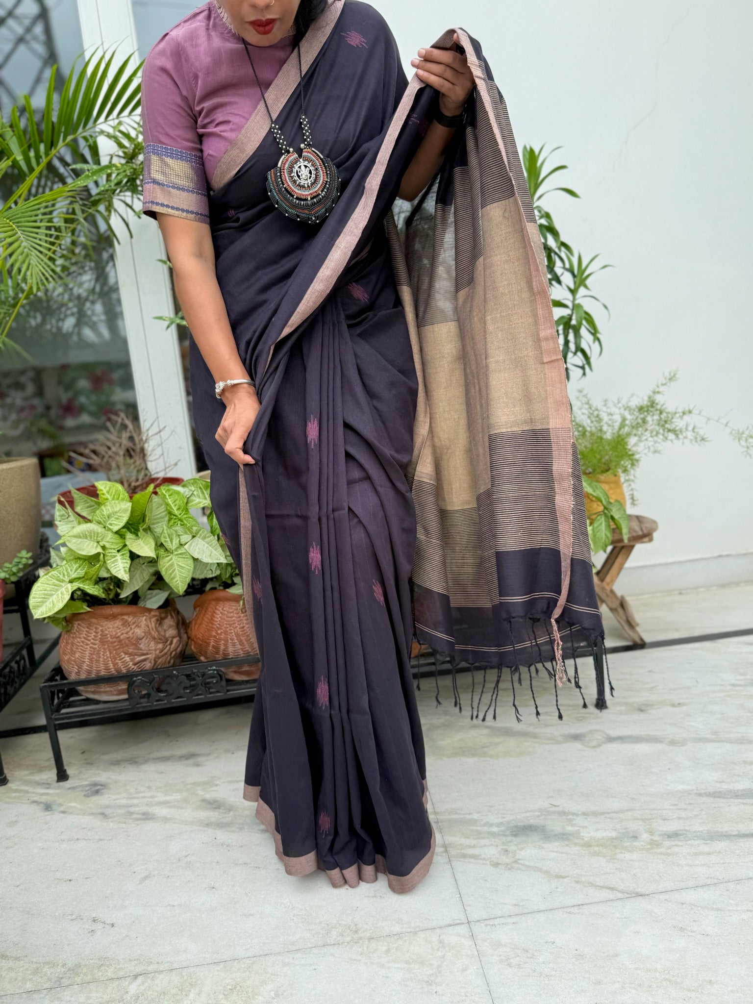 Elegant Black & Beige Cotton Saree With Handwoven Motif