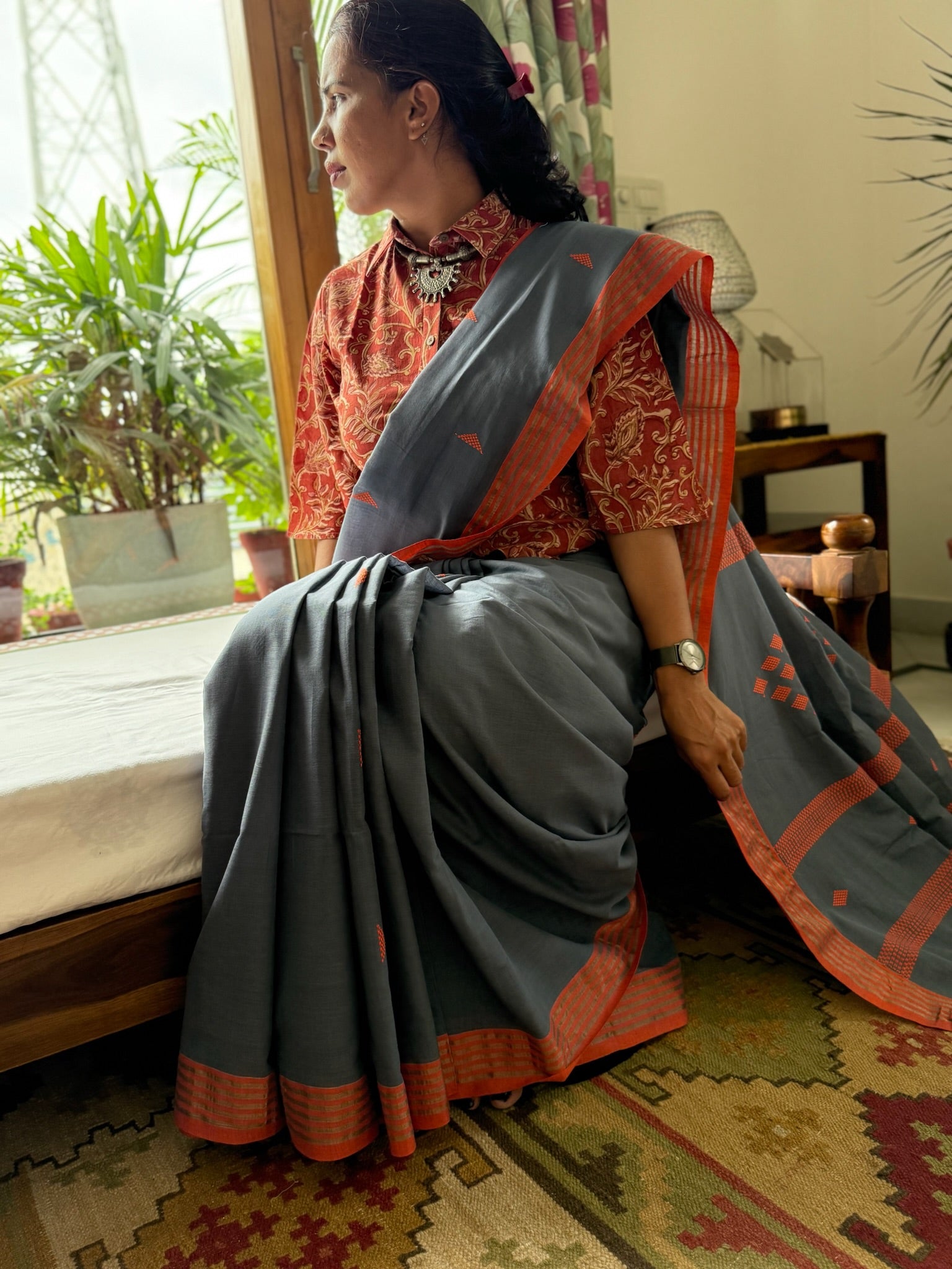 Sparking Grey & Orange Cotton Saree With Handwoven Motif
