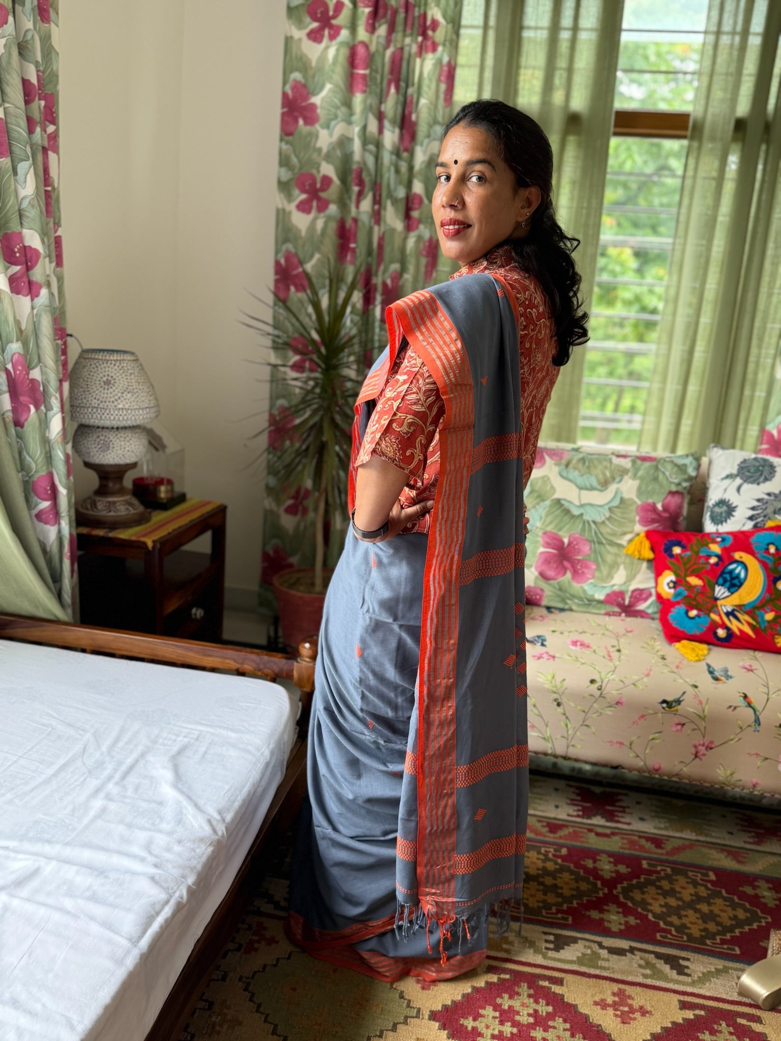 Sparking Grey & Orange Cotton Saree With Handwoven Motif