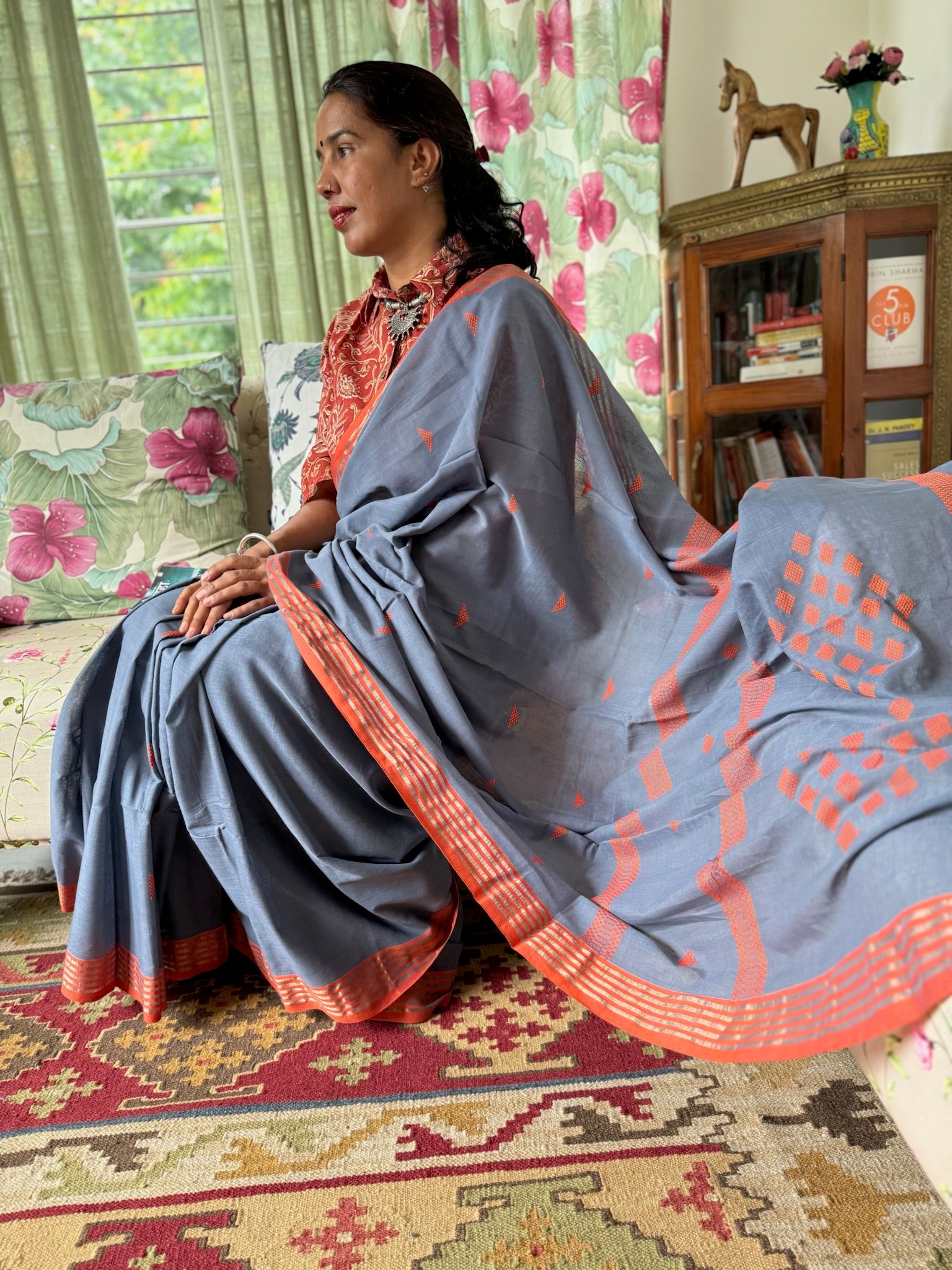 Sparking Grey & Orange Cotton Saree With Handwoven Motif