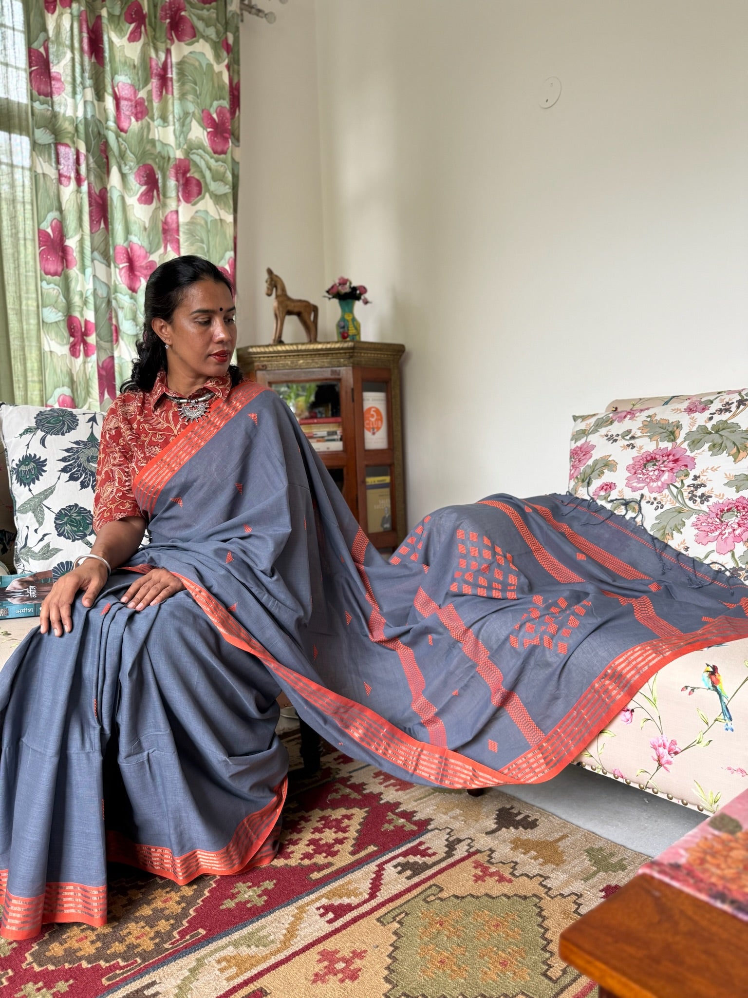 Sparking Grey & Orange Cotton Saree With Handwoven Motif