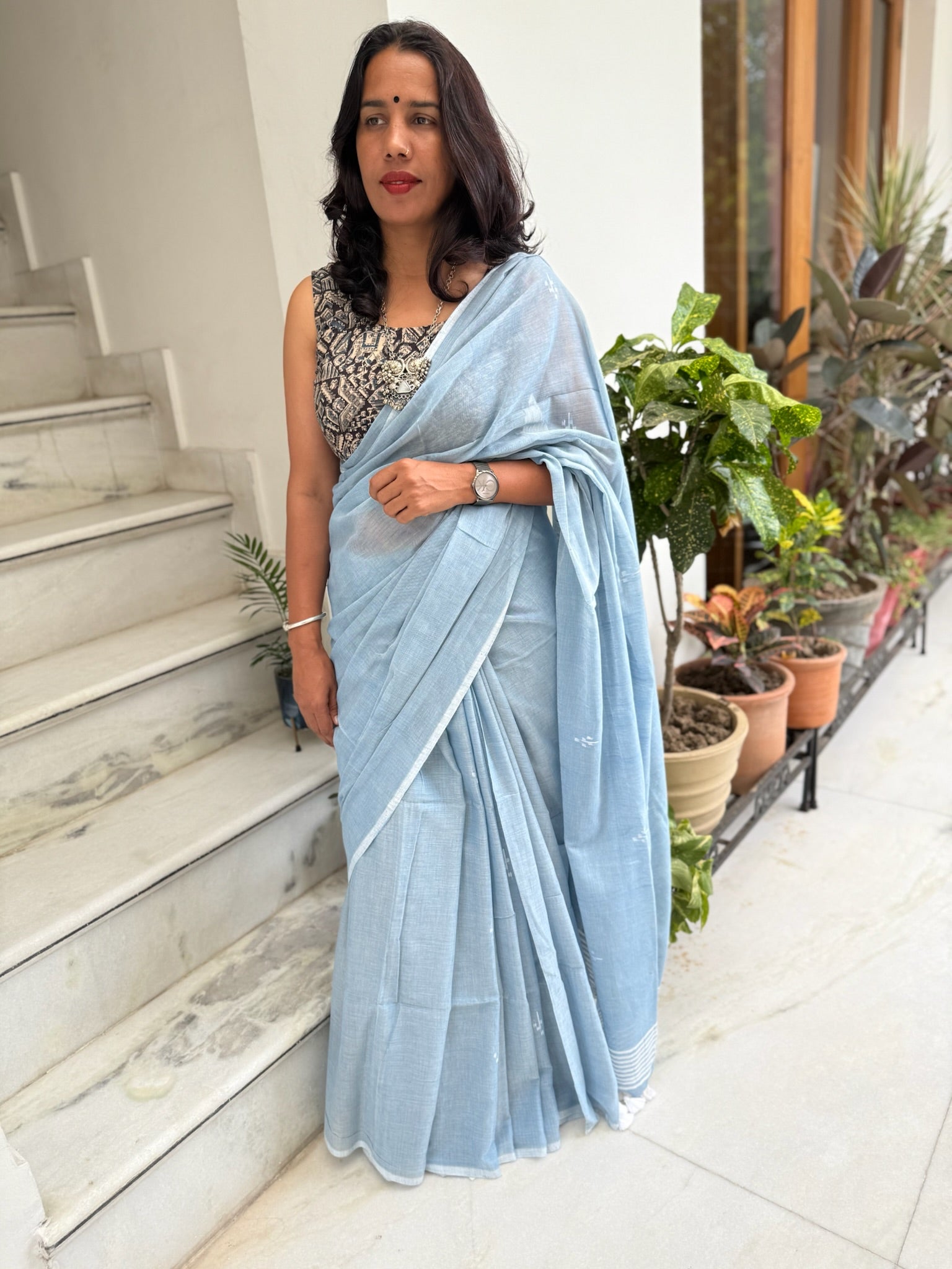 Light Blue With Jamdani Buti Pure Cotton Saree