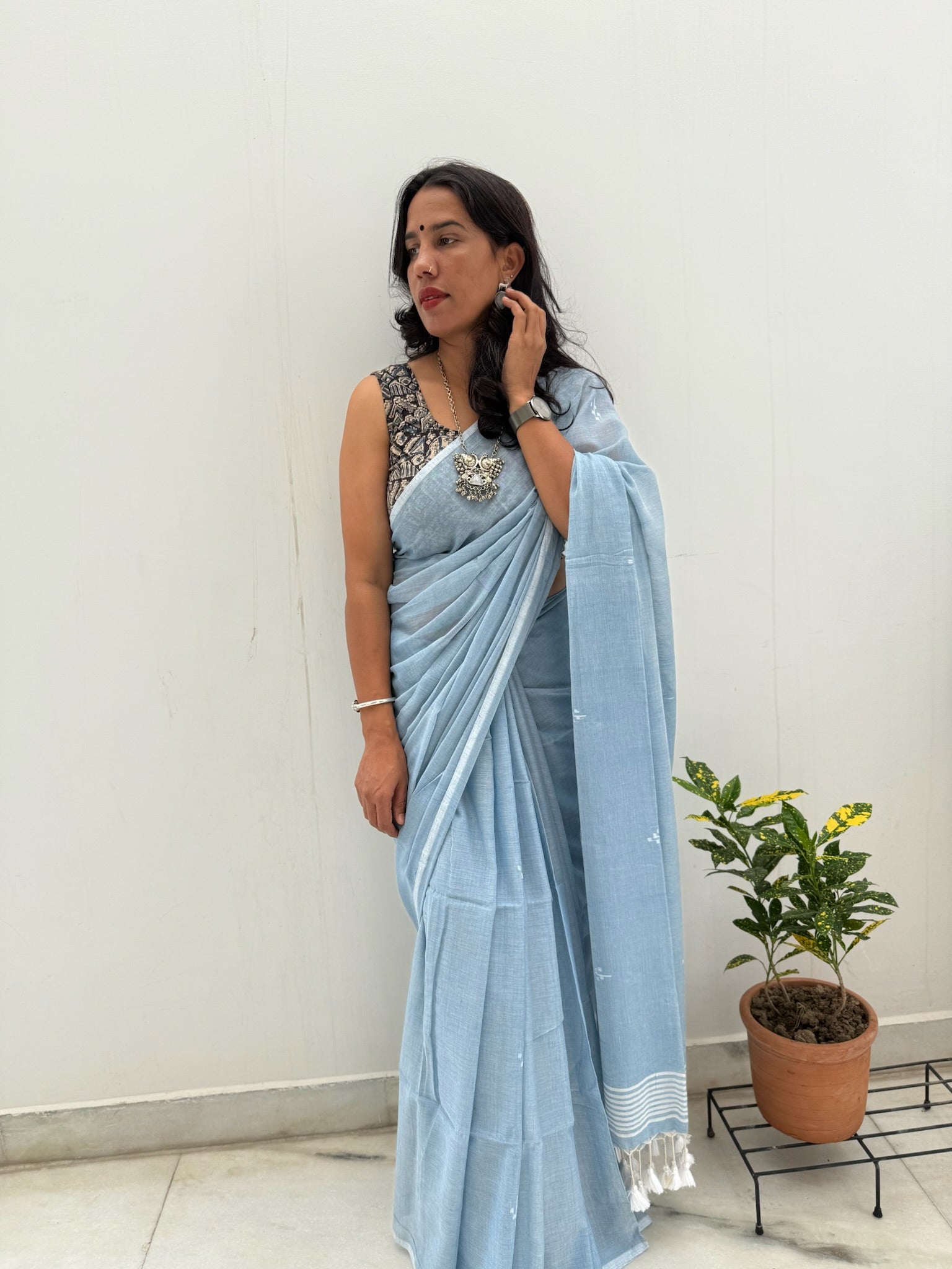 Light Blue With Jamdani Buti Pure Cotton Saree