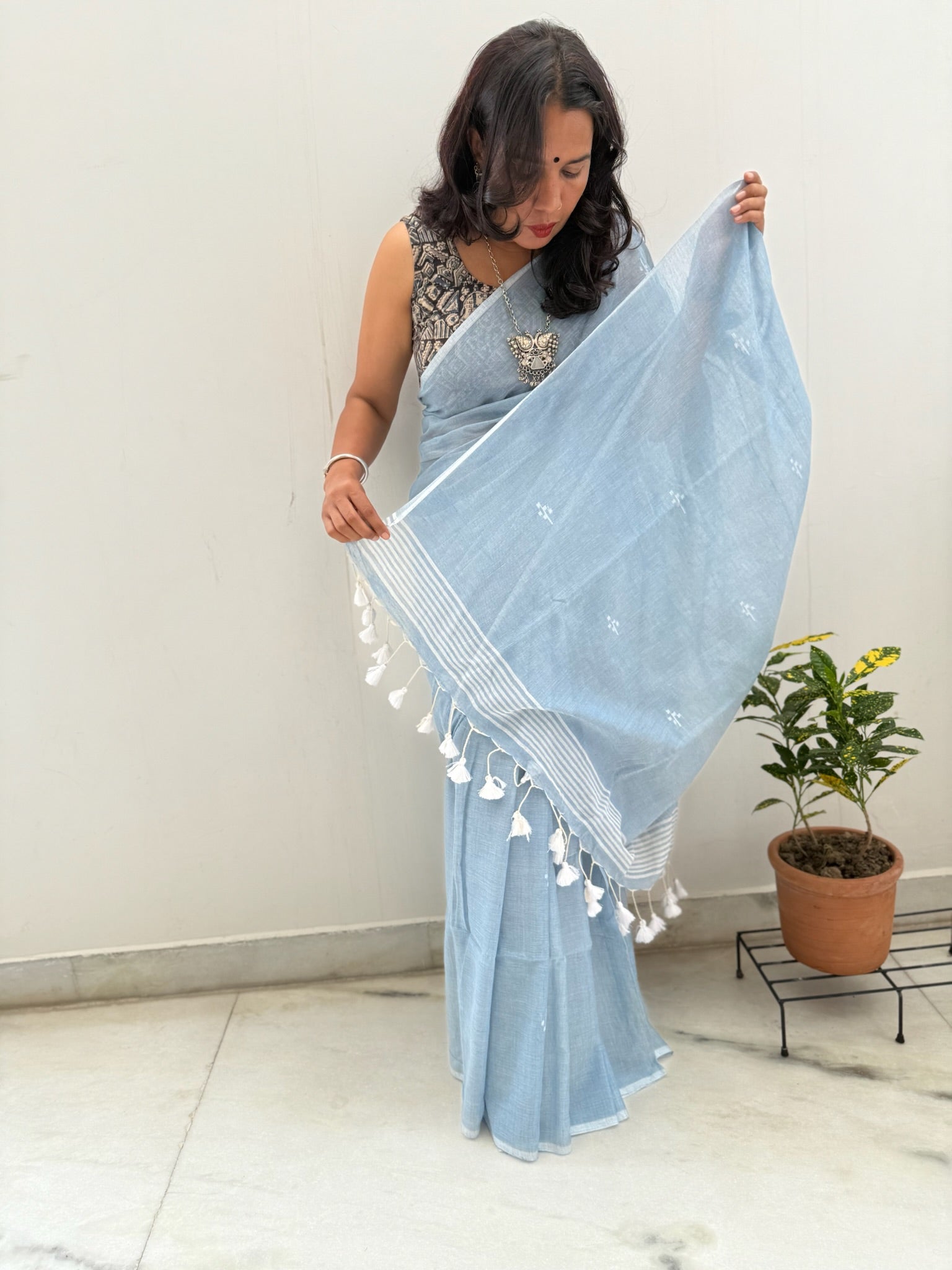 Light Blue With Jamdani Buti Pure Cotton Saree