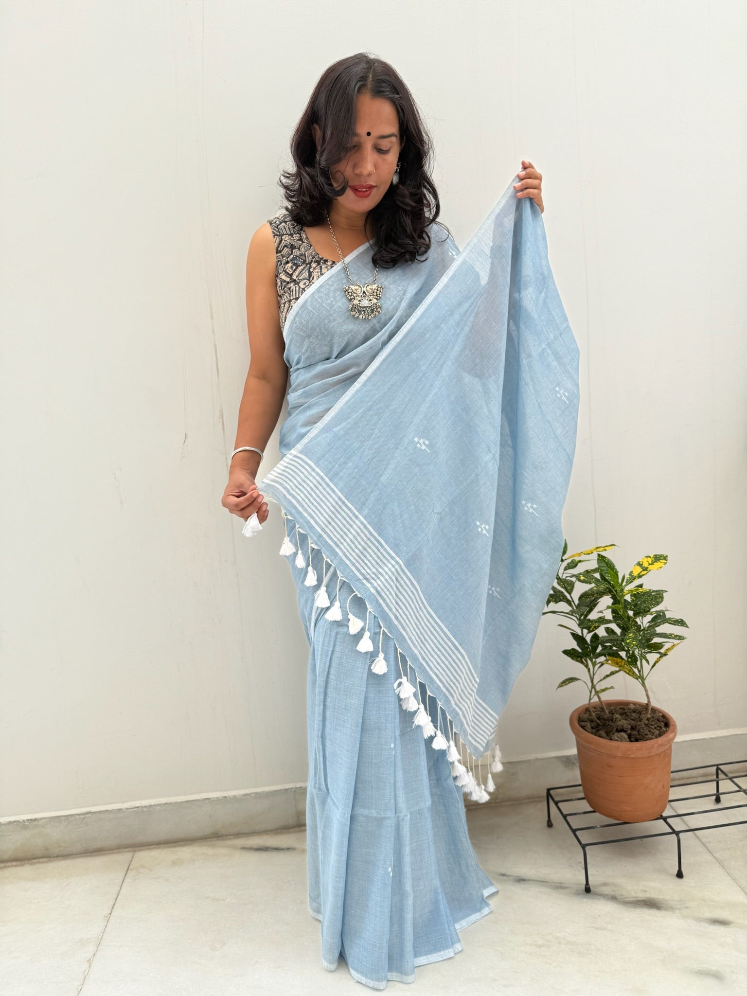 Light Blue With Jamdani Buti Pure Cotton Saree