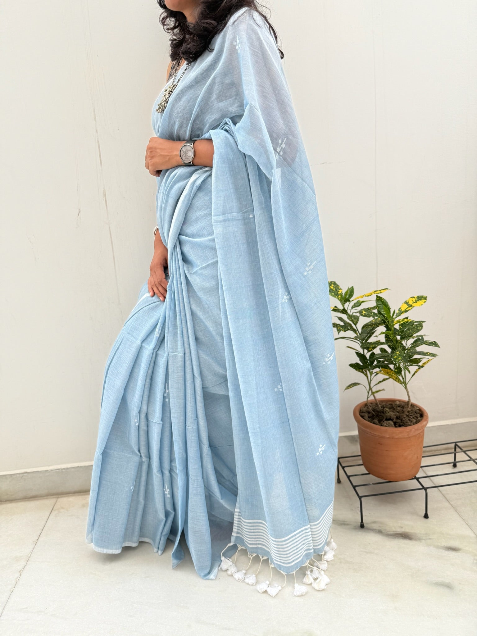 Light Blue With Jamdani Buti Pure Cotton Saree