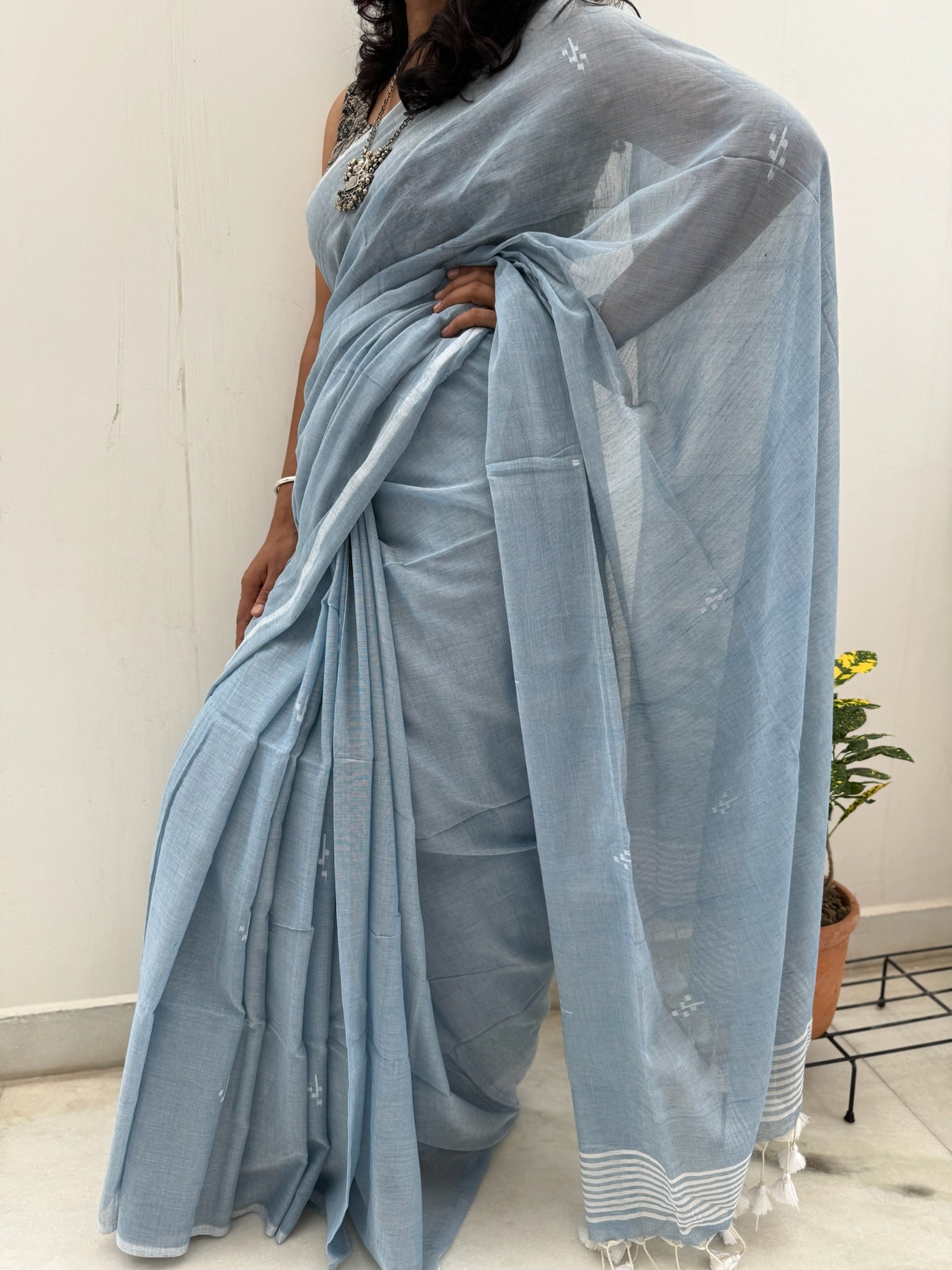 Light Blue With Jamdani Buti Pure Cotton Saree