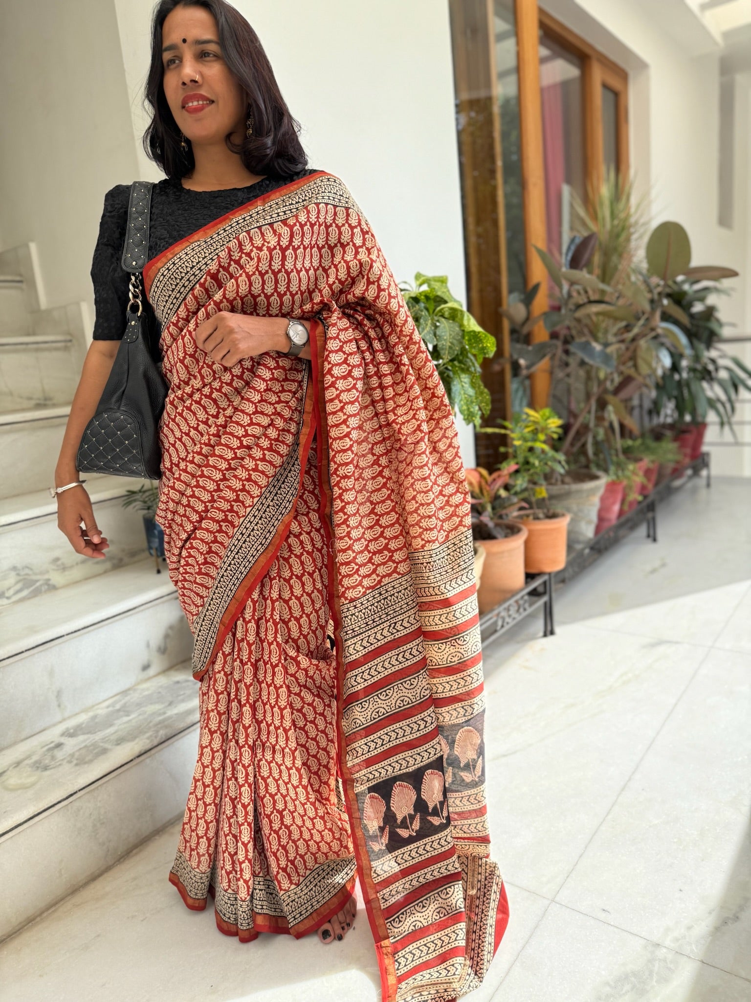 Rust Red Hand Block Cotton Silk Chanderi Saree