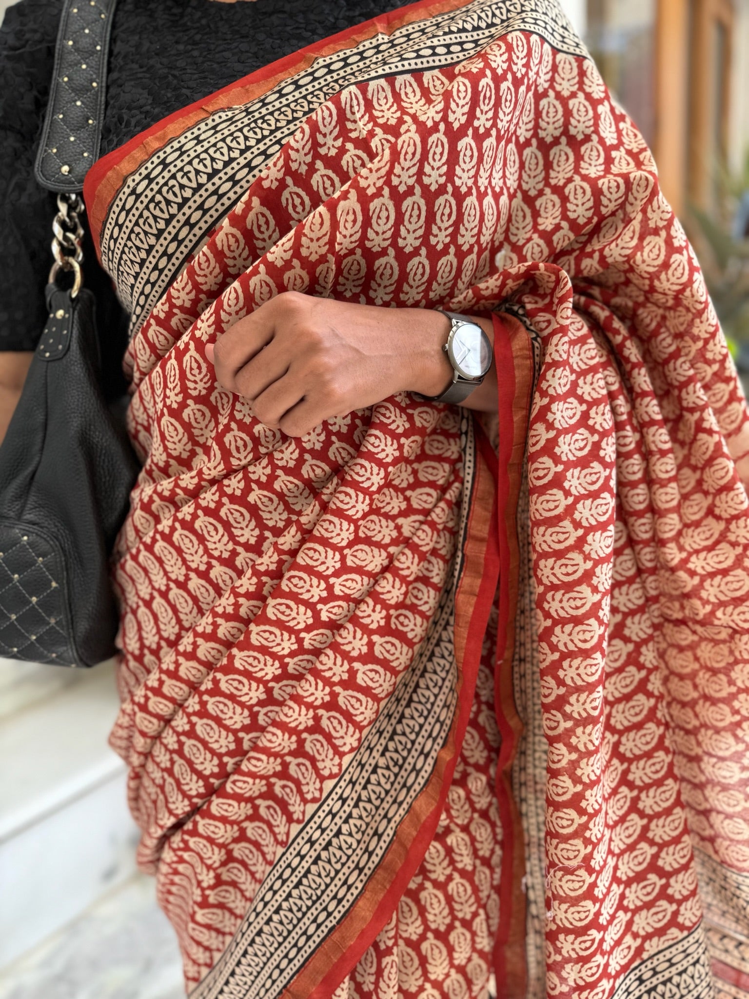 Rust Red Hand Block Cotton Silk Chanderi Saree