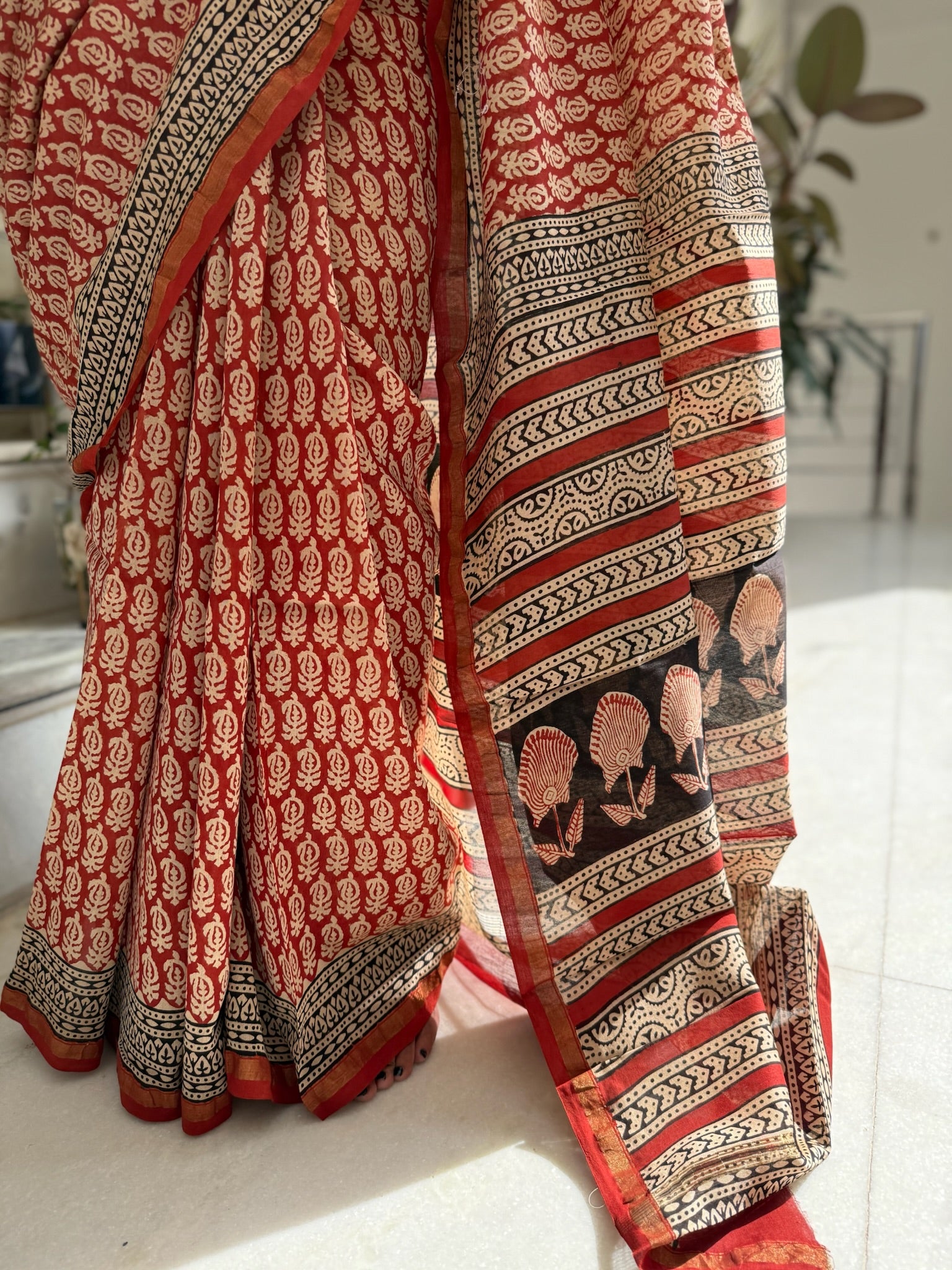 Rust Red Hand Block Cotton Silk Chanderi Saree