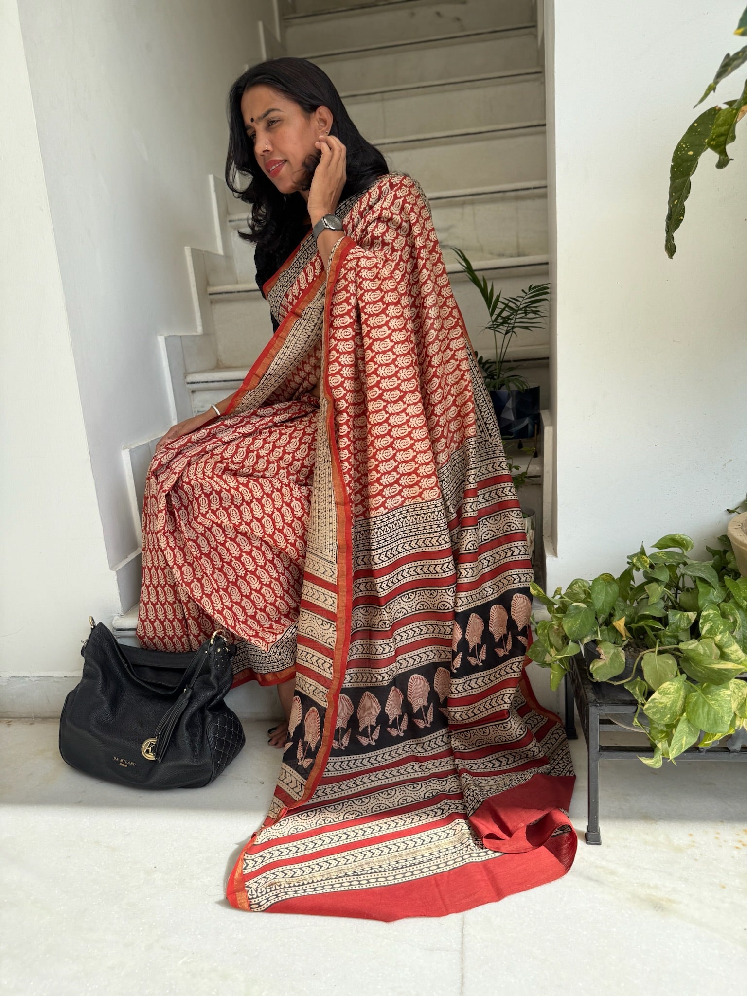 Rust Red Hand Block Cotton Silk Chanderi Saree