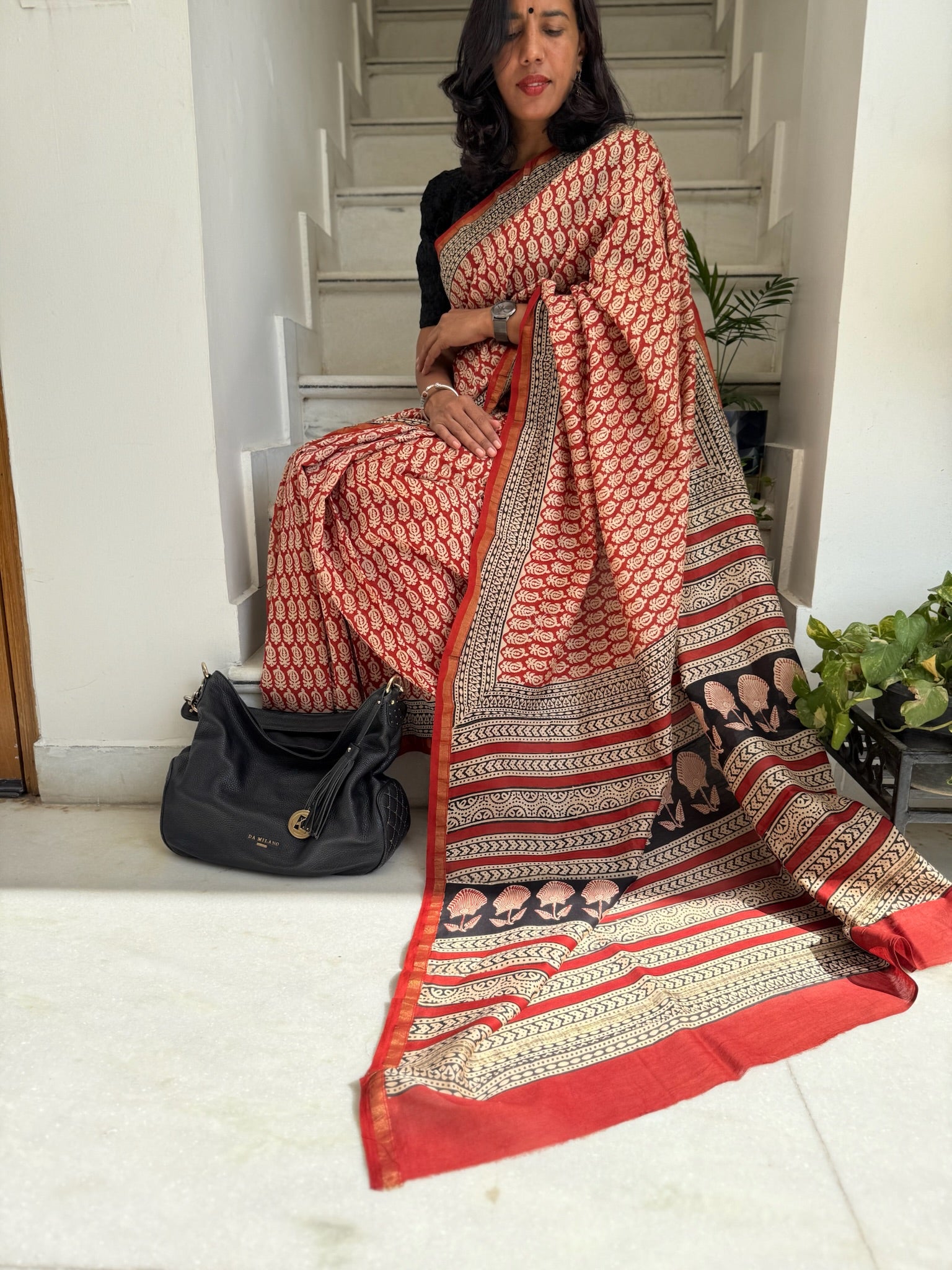 Rust Red Hand Block Cotton Silk Chanderi Saree