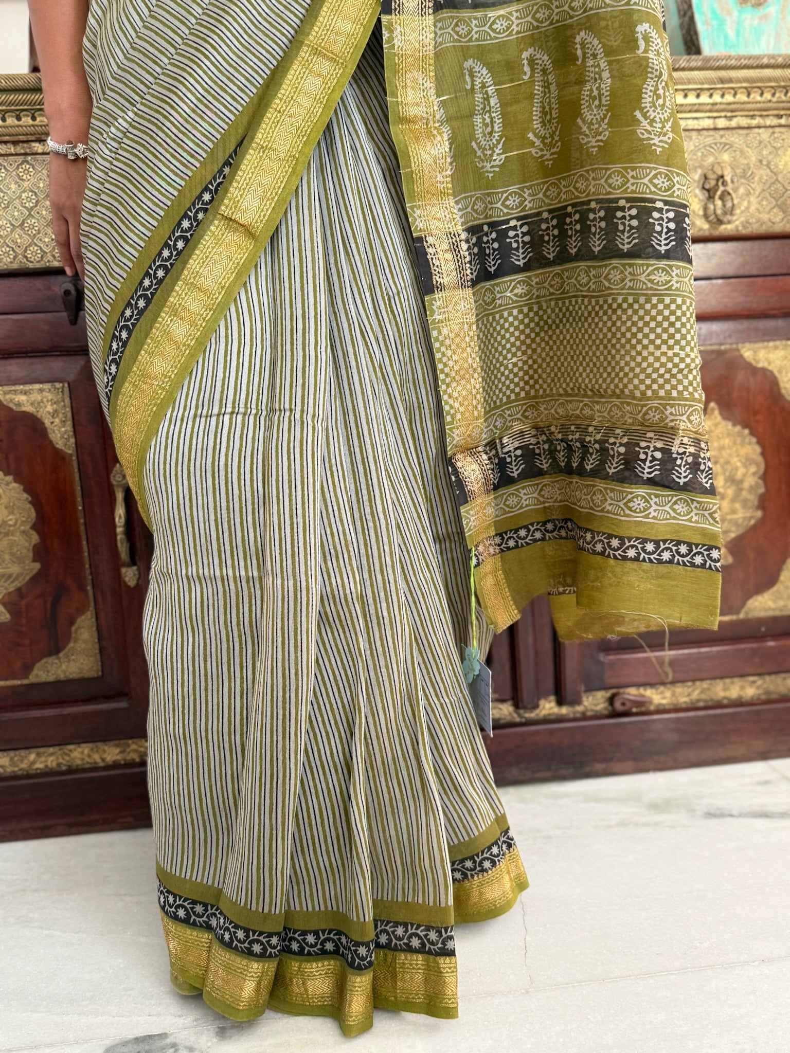 Moss Green Stripe Block Print Cotton Silk Maheshwari Saree