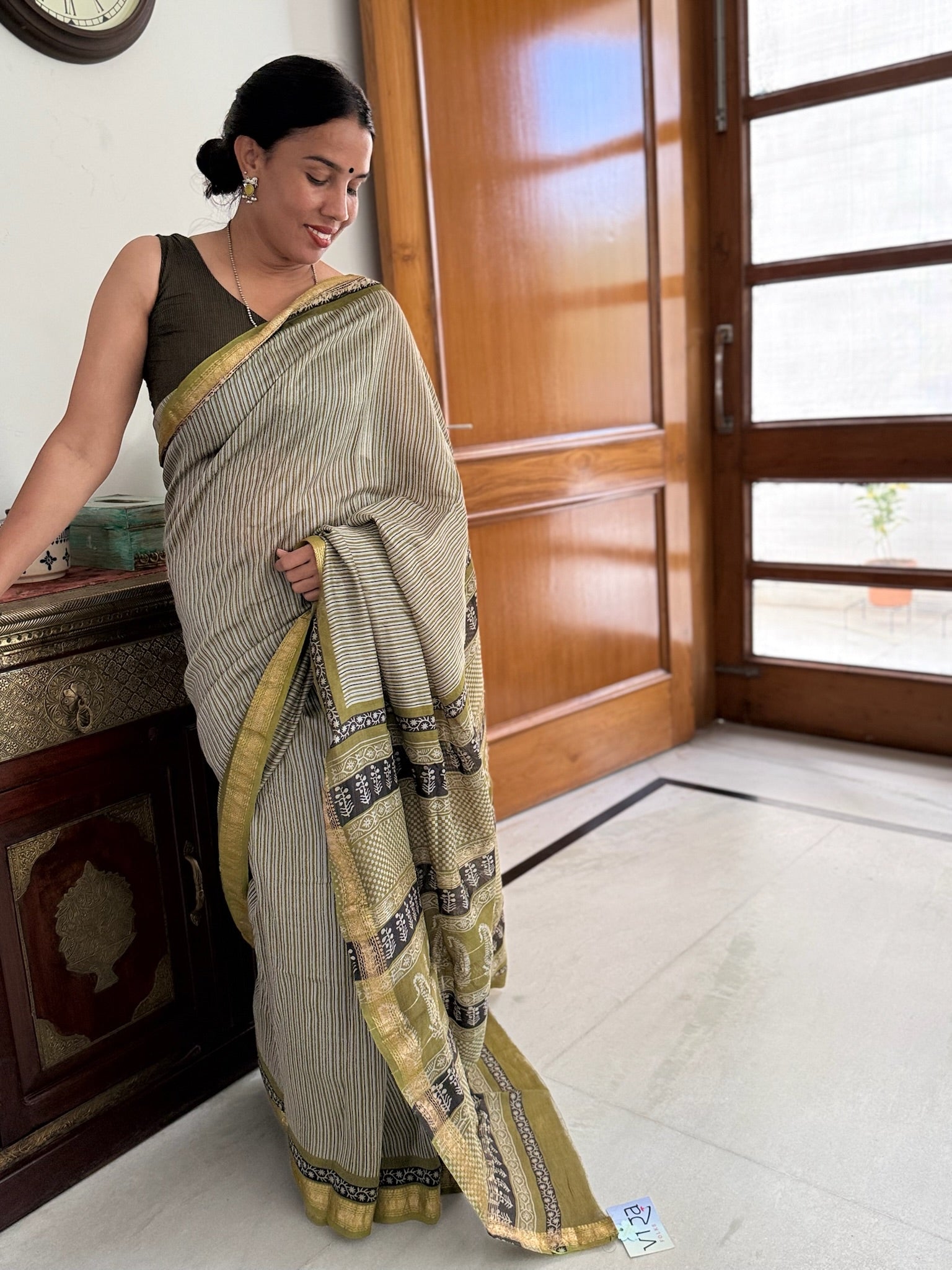 Moss Green Stripe Block Print Cotton Silk Maheshwari Saree