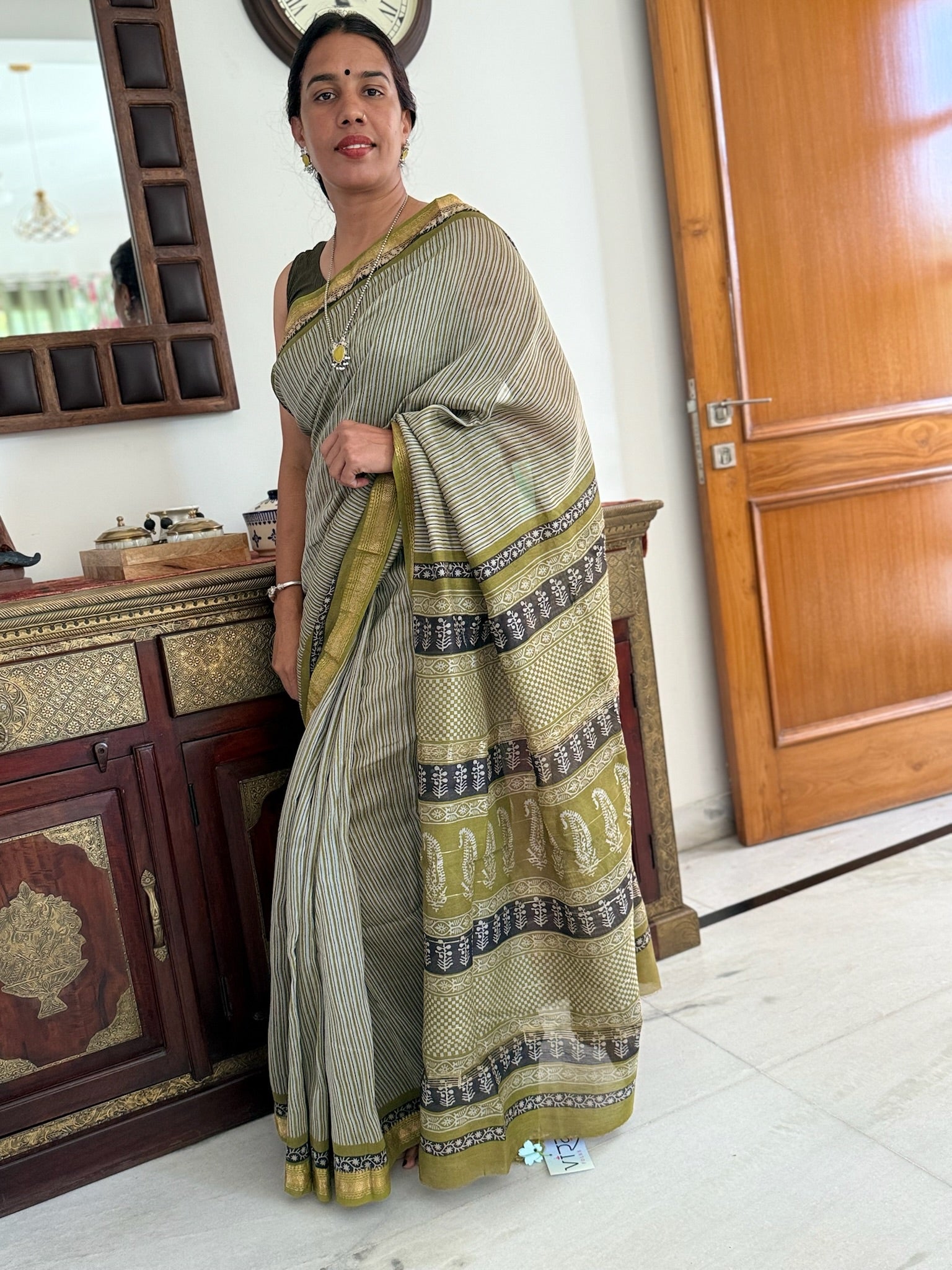Moss Green Stripe Block Print Cotton Silk Maheshwari Saree