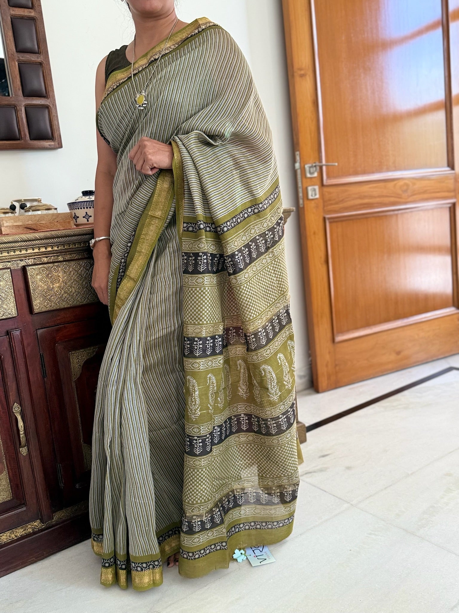Moss Green Stripe Block Print Cotton Silk Maheshwari Saree