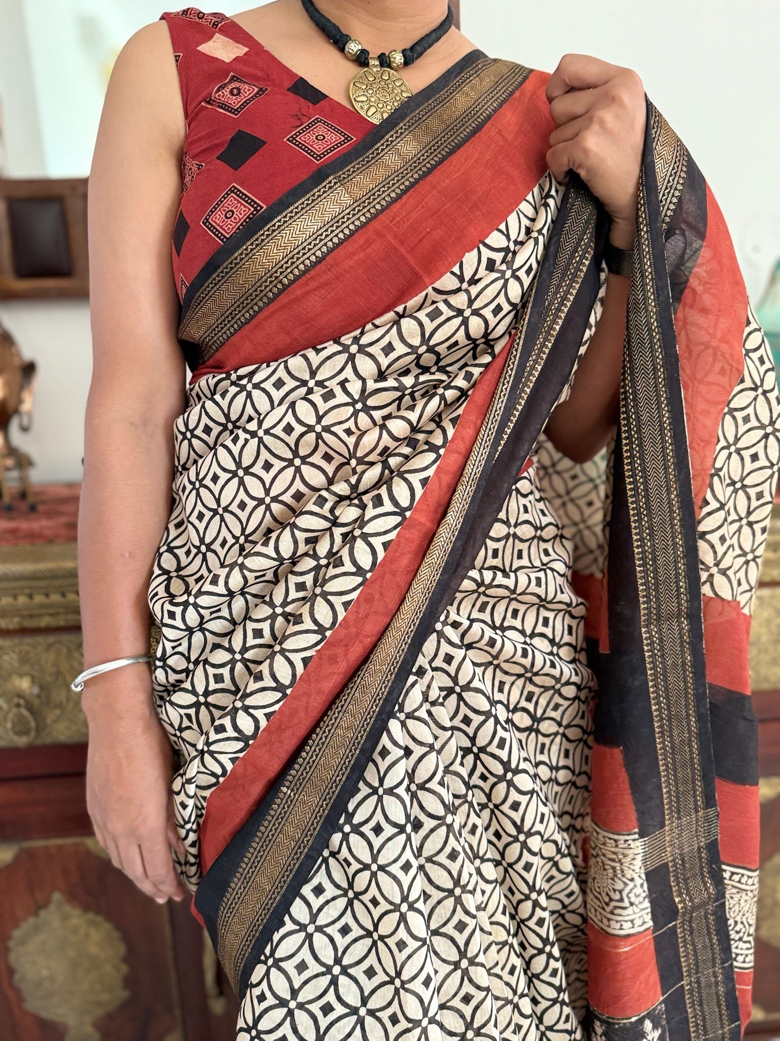Beige and Black Hand Block Cotton Silk Maheshwari Saree
