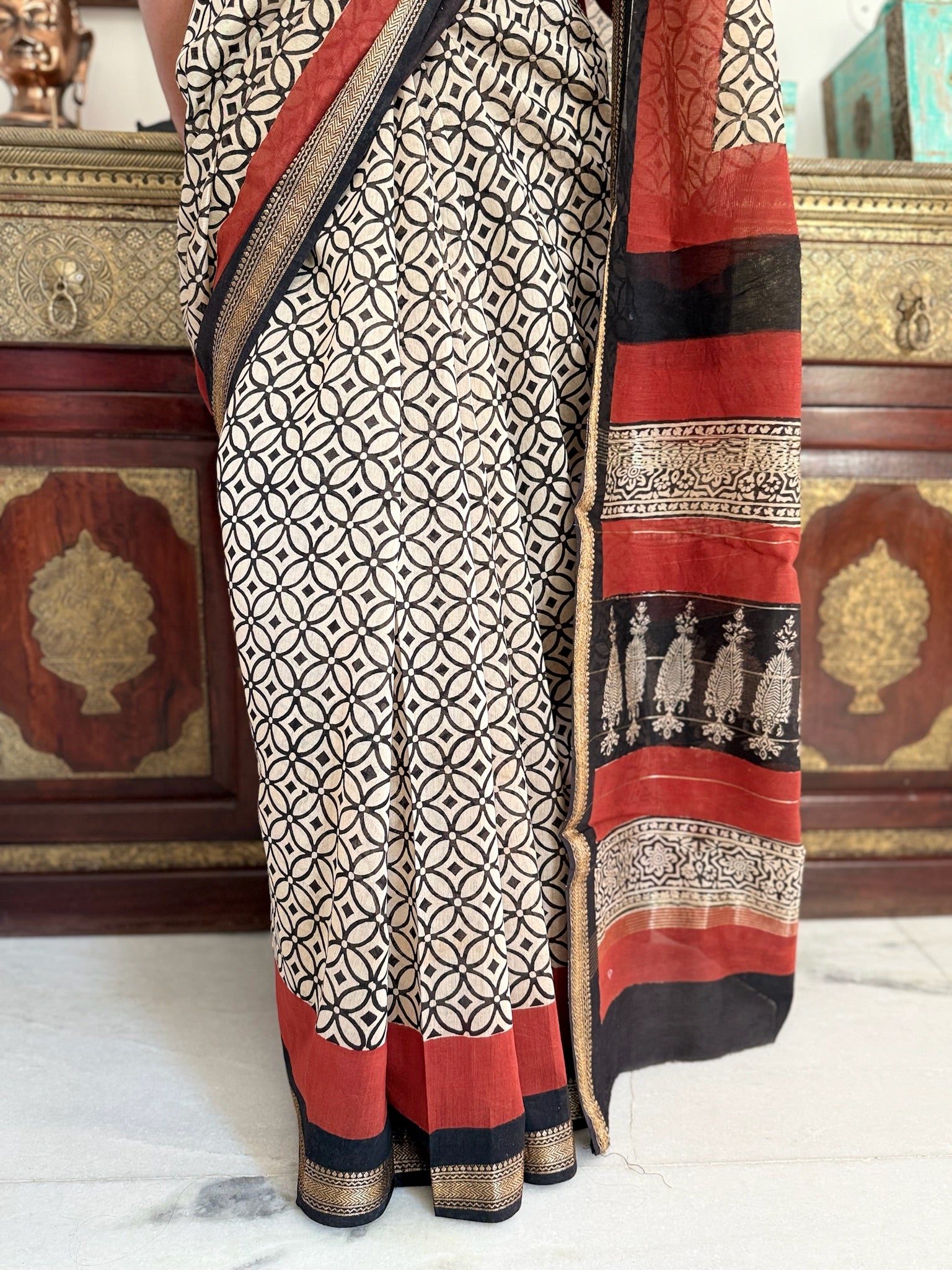 Beige and Black Hand Block Cotton Silk Maheshwari Saree