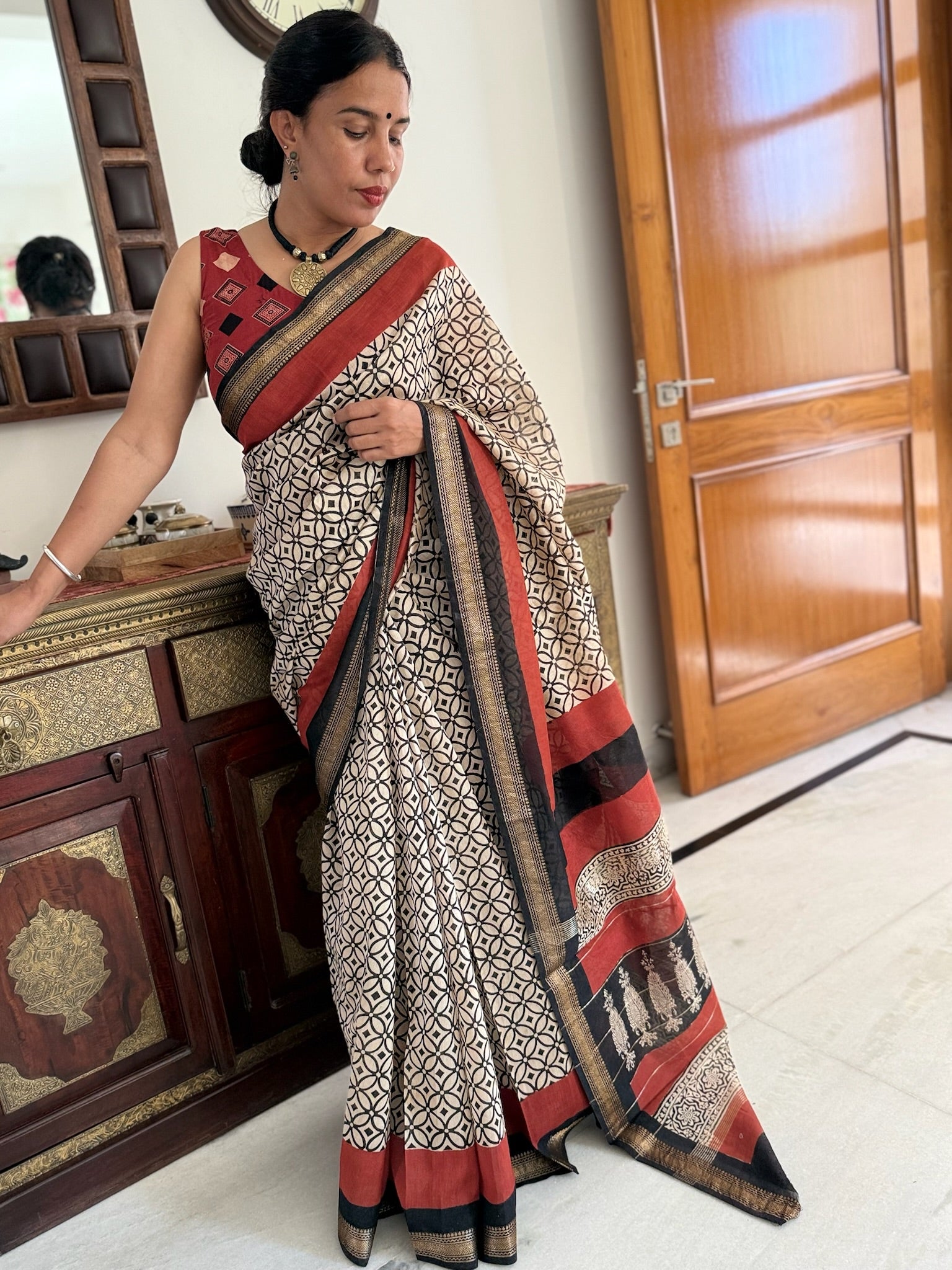 Beige and Black Hand Block Cotton Silk Maheshwari Saree