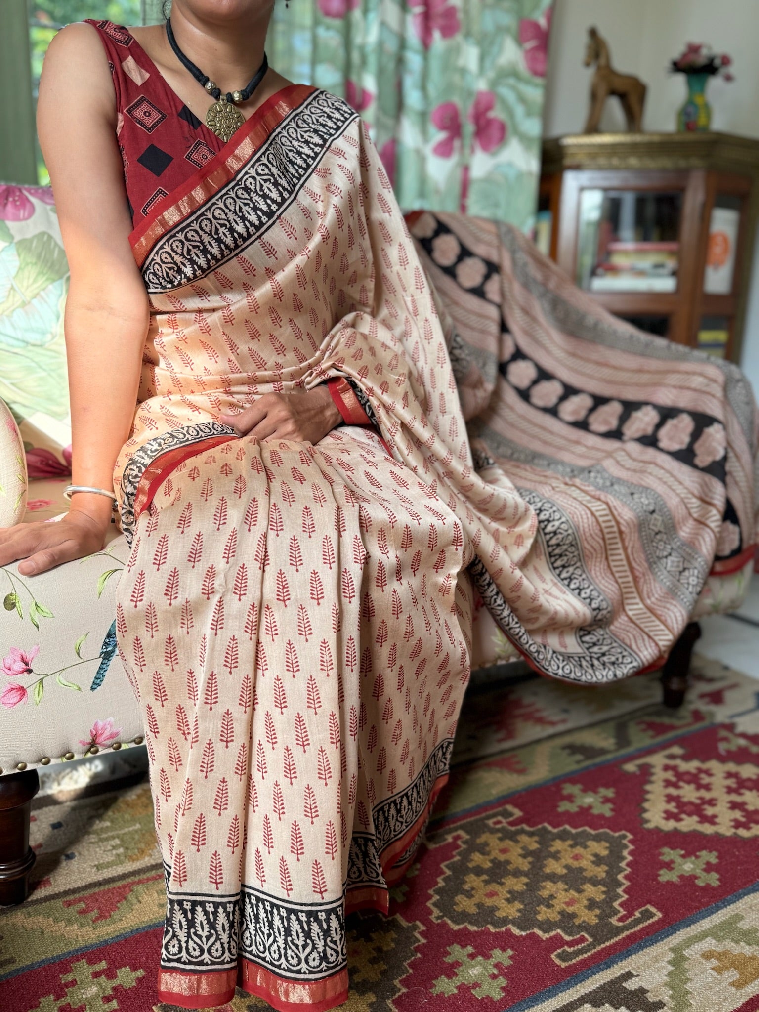 Blush Beige with Ethnic Maroon Cotton Silk Chanderi Saree