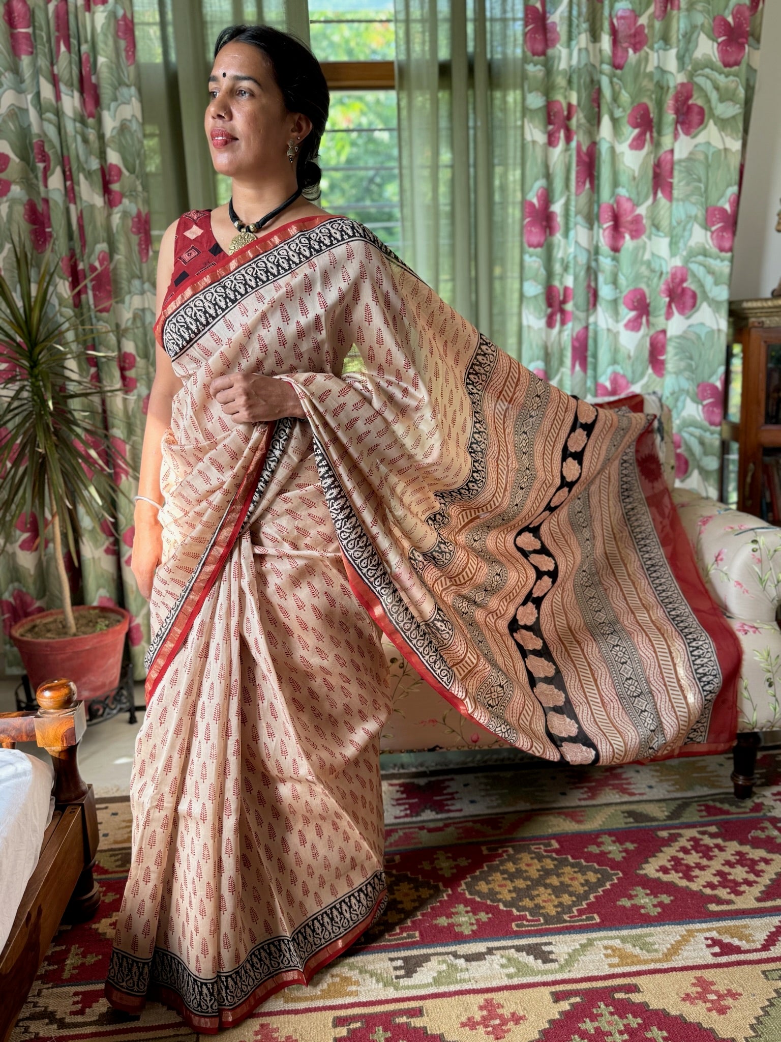 Blush Beige with Ethnic Maroon Cotton Silk Chanderi Saree