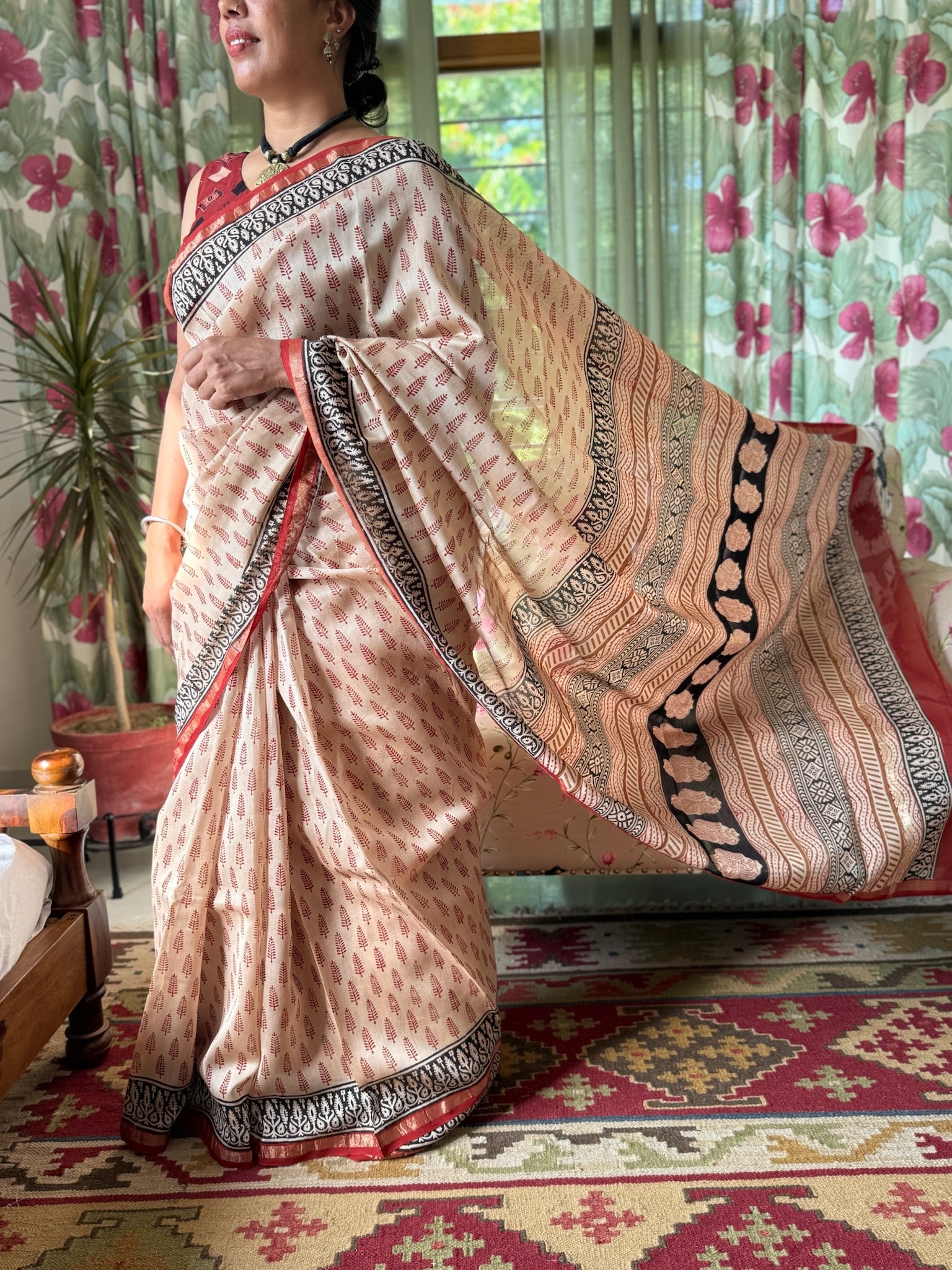Blush Beige with Ethnic Maroon Cotton Silk Chanderi Saree