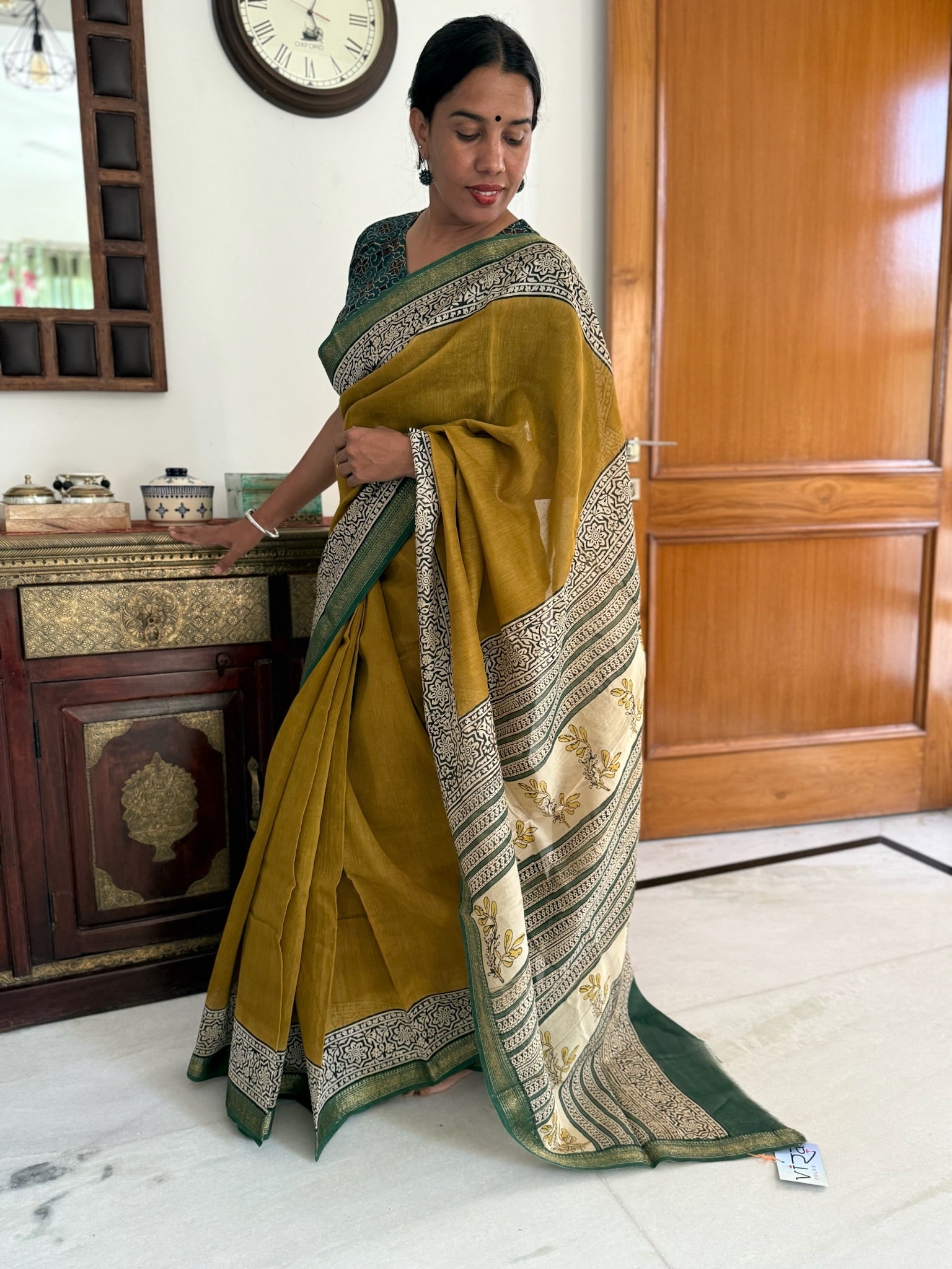 Olive Mustard with Deep Green Cotton Silk Maheshwari Saree