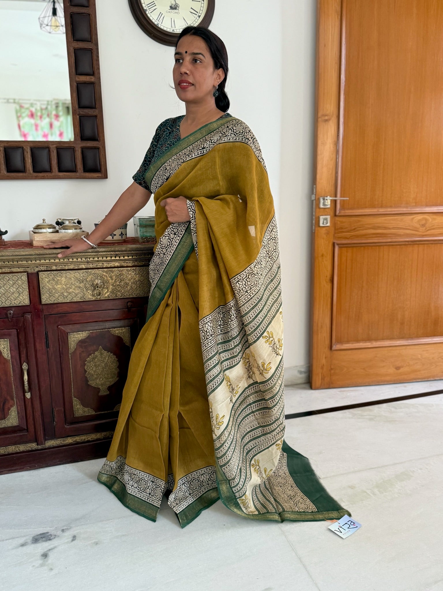 Olive Mustard with Deep Green Cotton Silk Maheshwari Saree