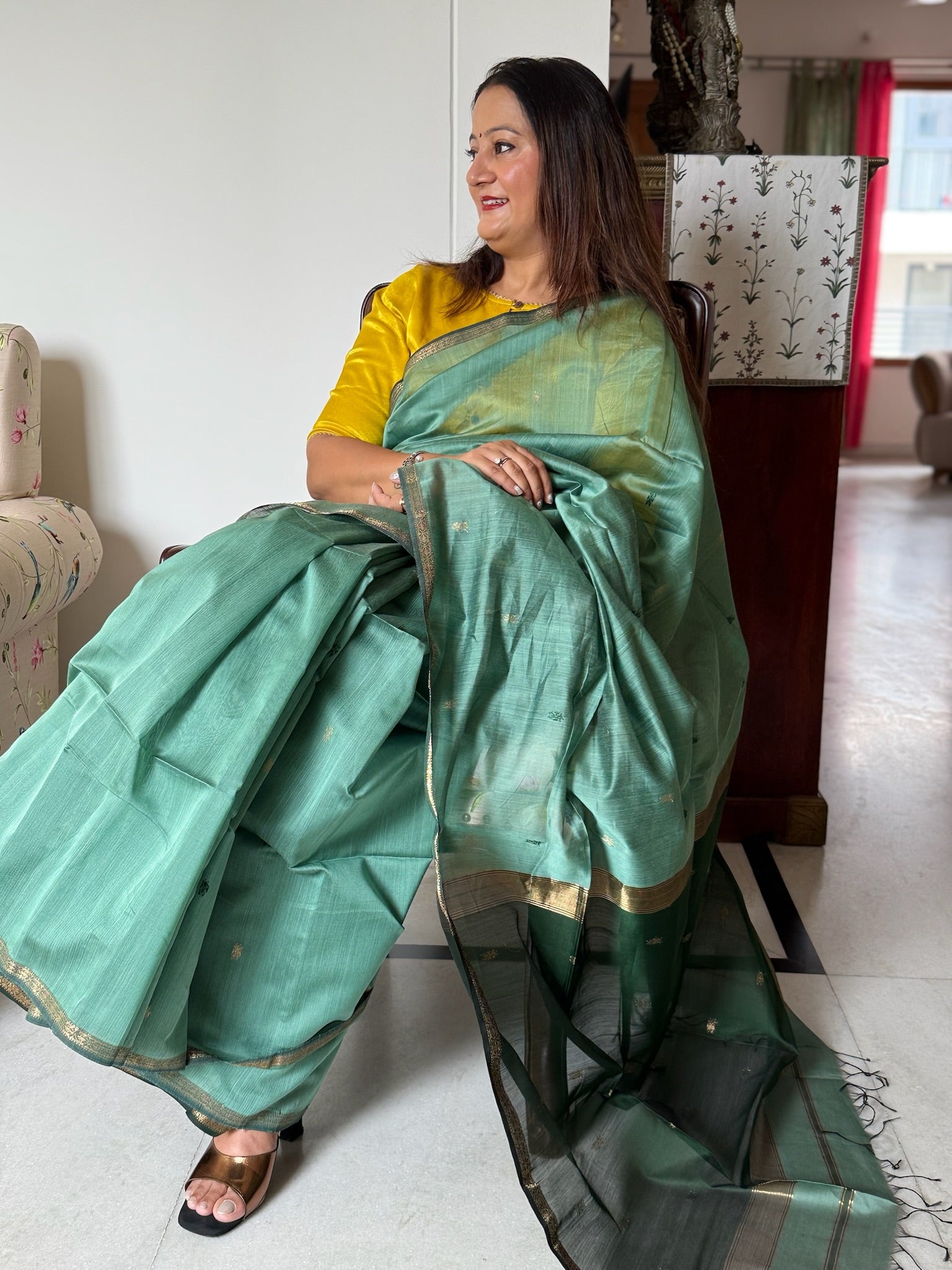 Sage Green With Dark Green Pallu Handwoven Cotton Silk Maheshwari Saree