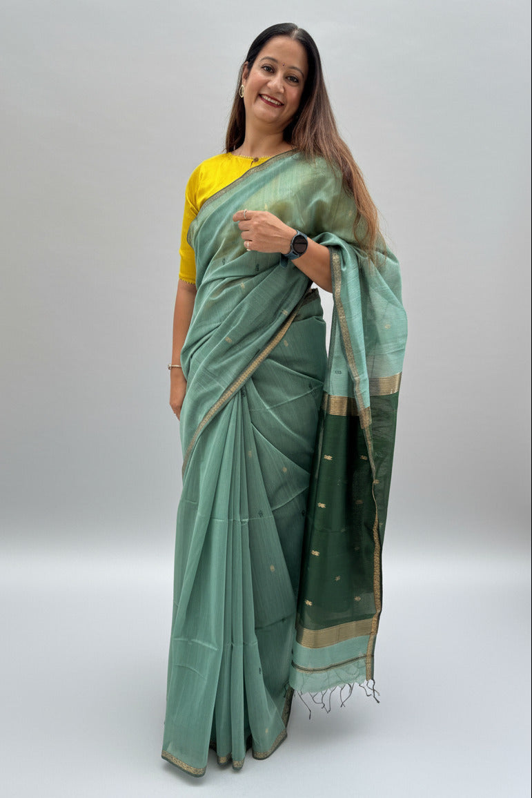 Sage Green With Dark Green Pallu Handwoven Cotton Silk Maheshwari Saree