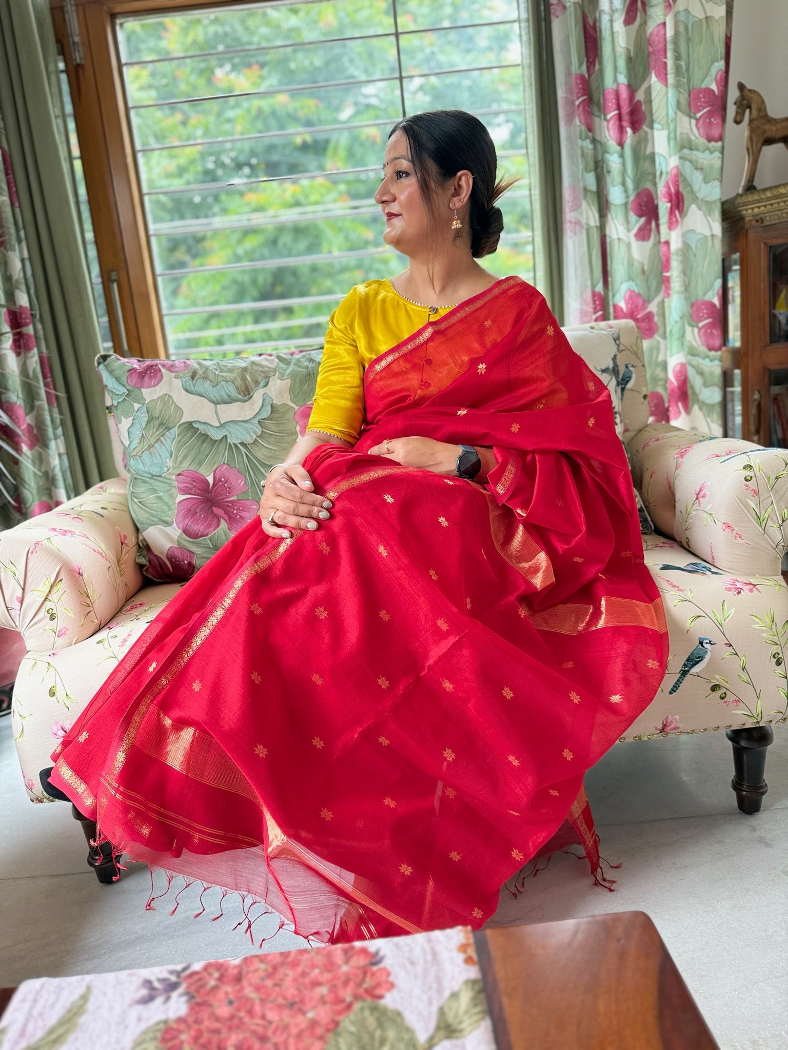 Bright Red With Golden Zari Border handcrafted Cotton Silk Maheshwari Saree