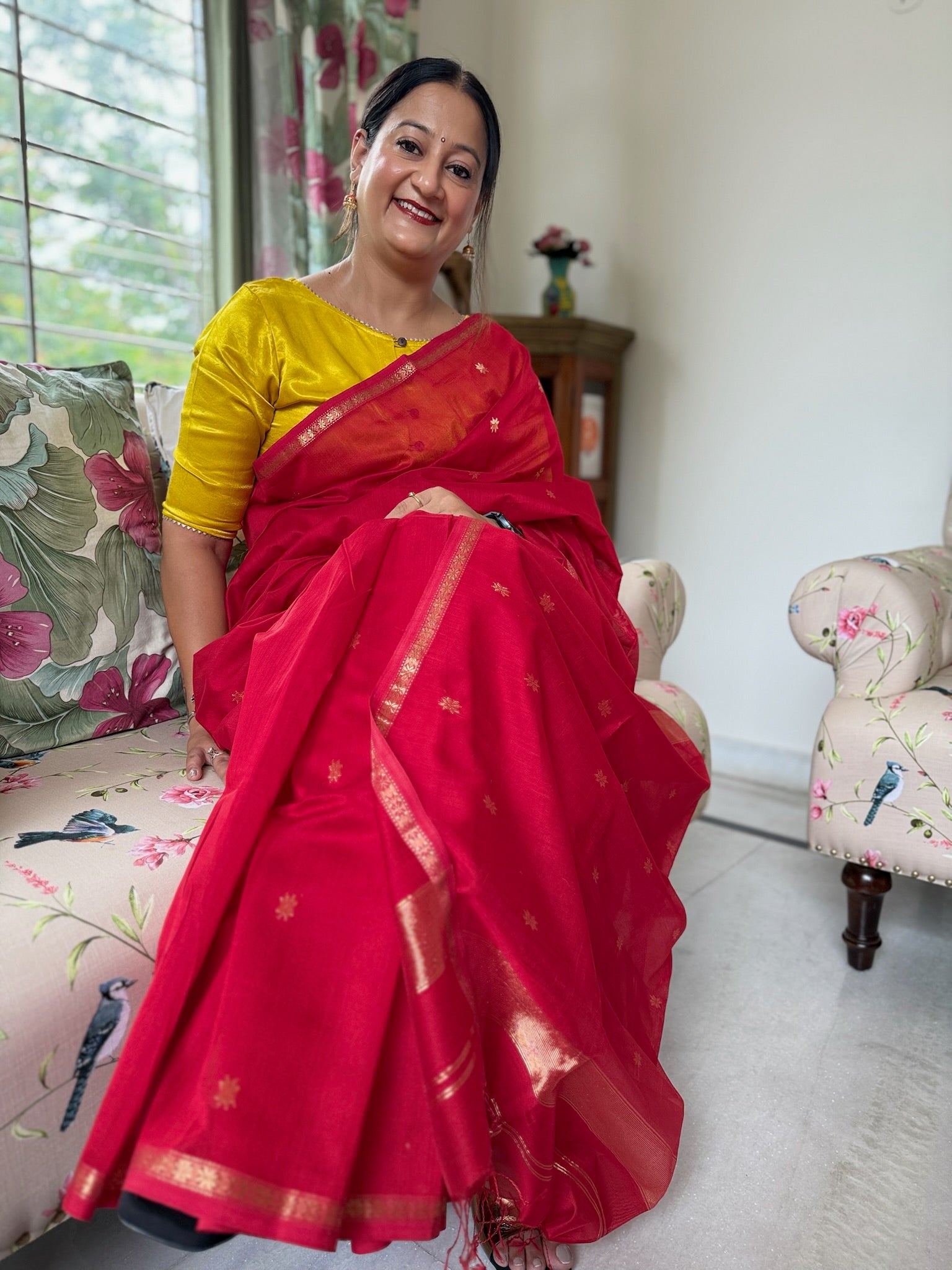 Bright Red With Golden Zari Border handcrafted Cotton Silk Maheshwari Saree