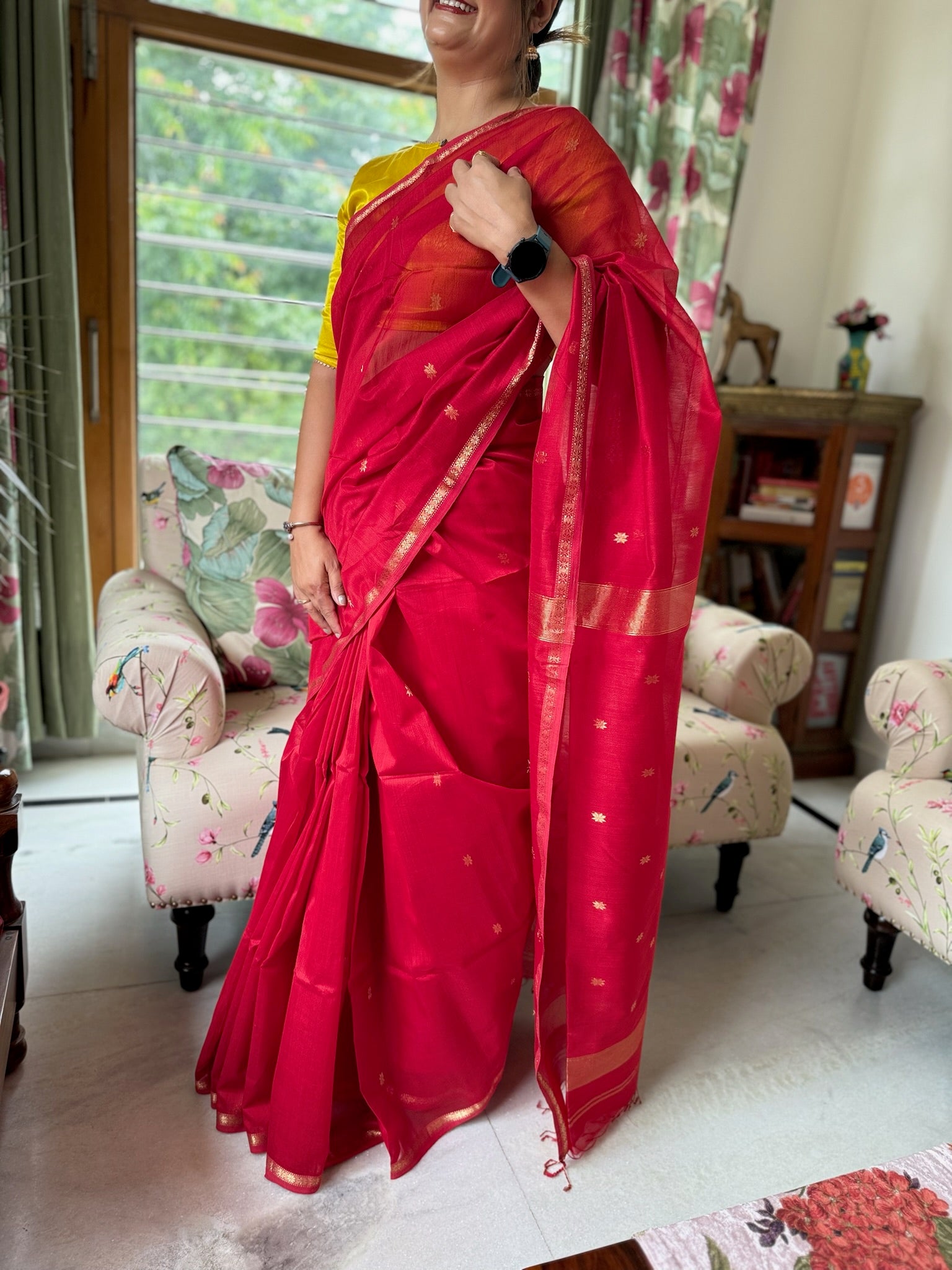 Bright Red With Golden Zari Border handcrafted Cotton Silk Maheshwari Saree