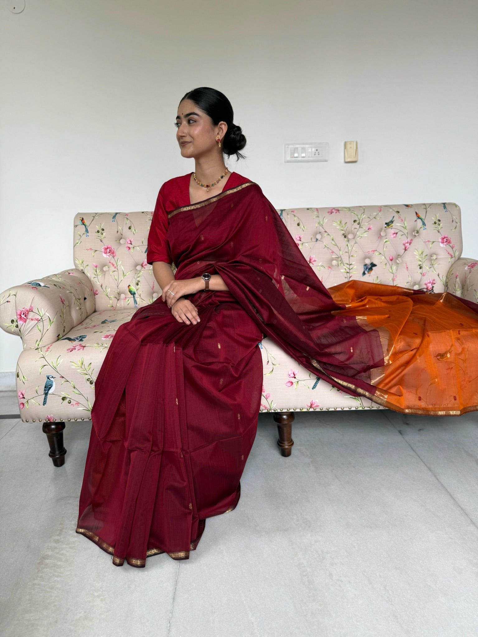 Classic Maroon Orange Star Buti Cotton Silk Maheshwari Saree