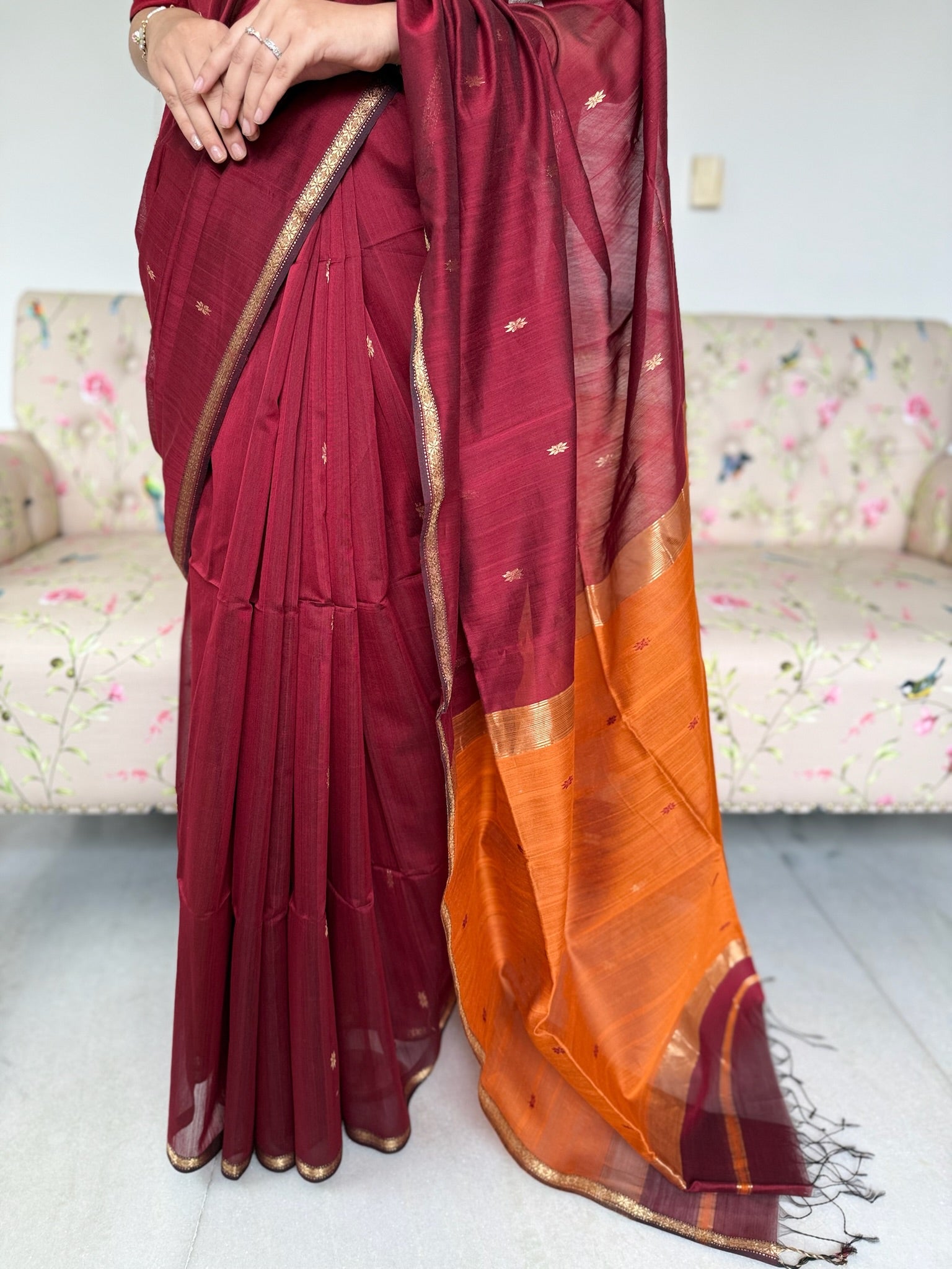 Classic Maroon Orange Star Buti Cotton Silk Maheshwari Saree