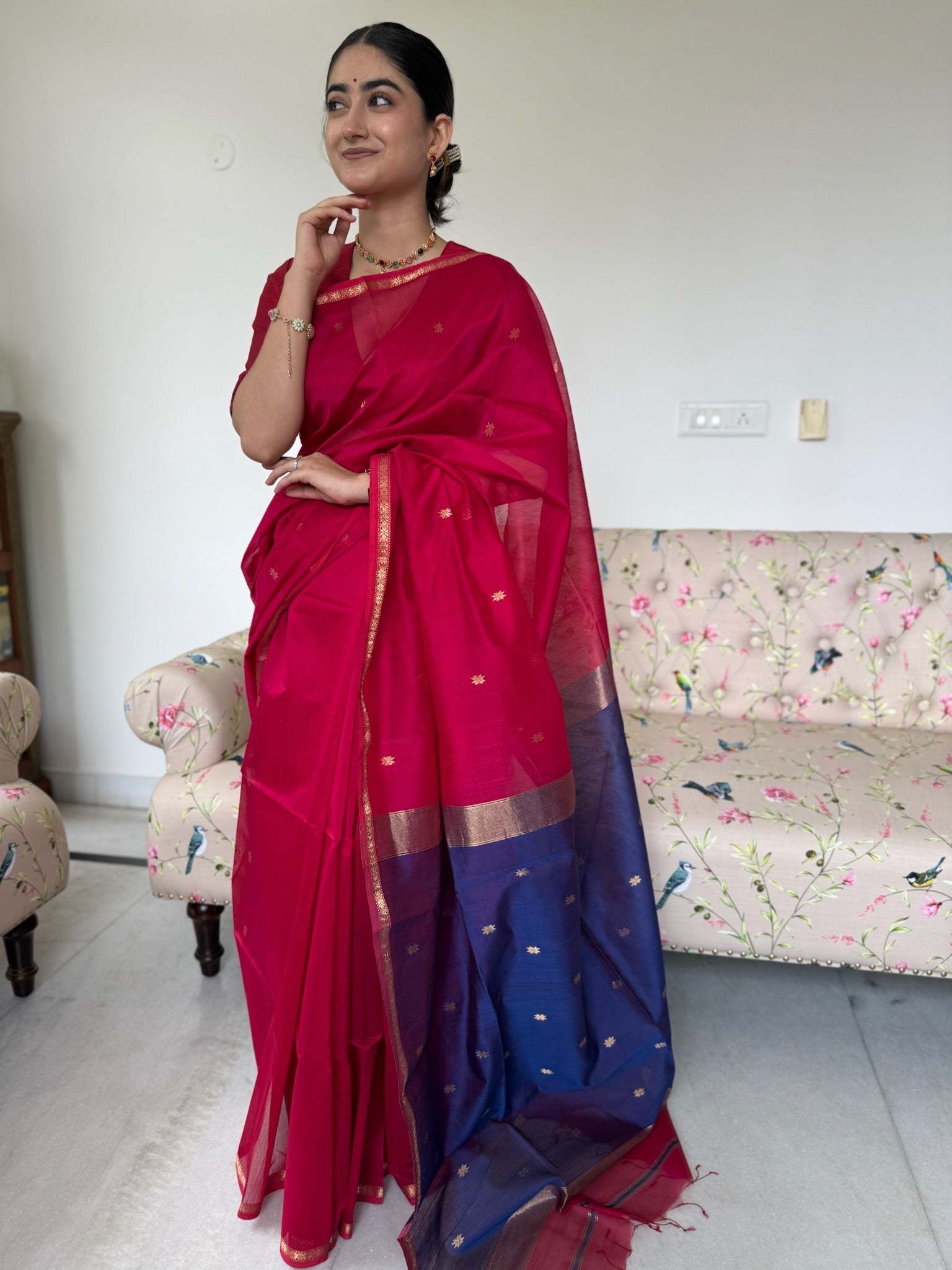 Rani Pink With Golden Zari Border Handwoven Cotton Silk Maheshwari Saree