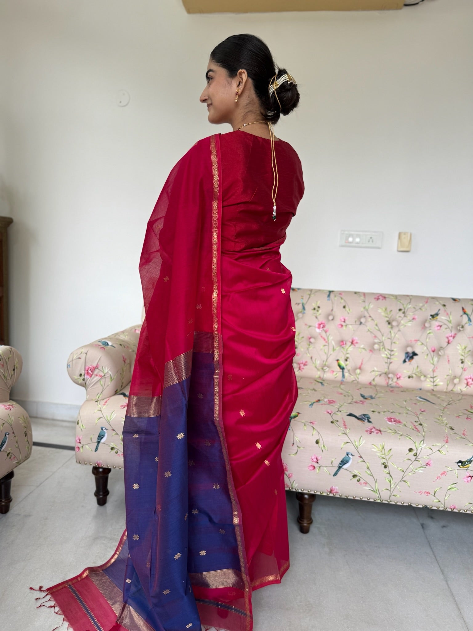 Rani Pink With Golden Zari Border Handwoven Cotton Silk Maheshwari Saree
