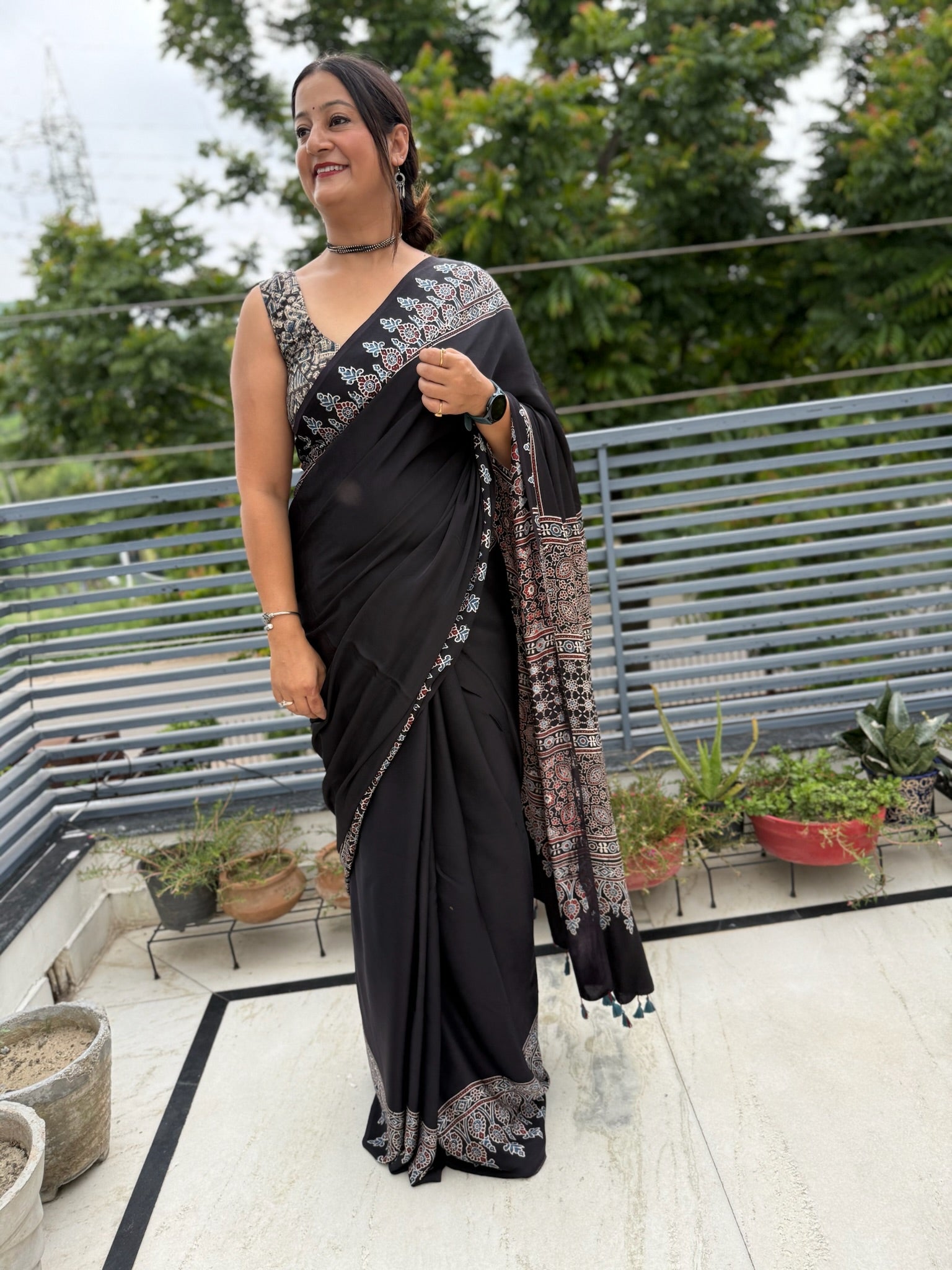 Black And White Block Print Ajrakh Modal Silk Saree