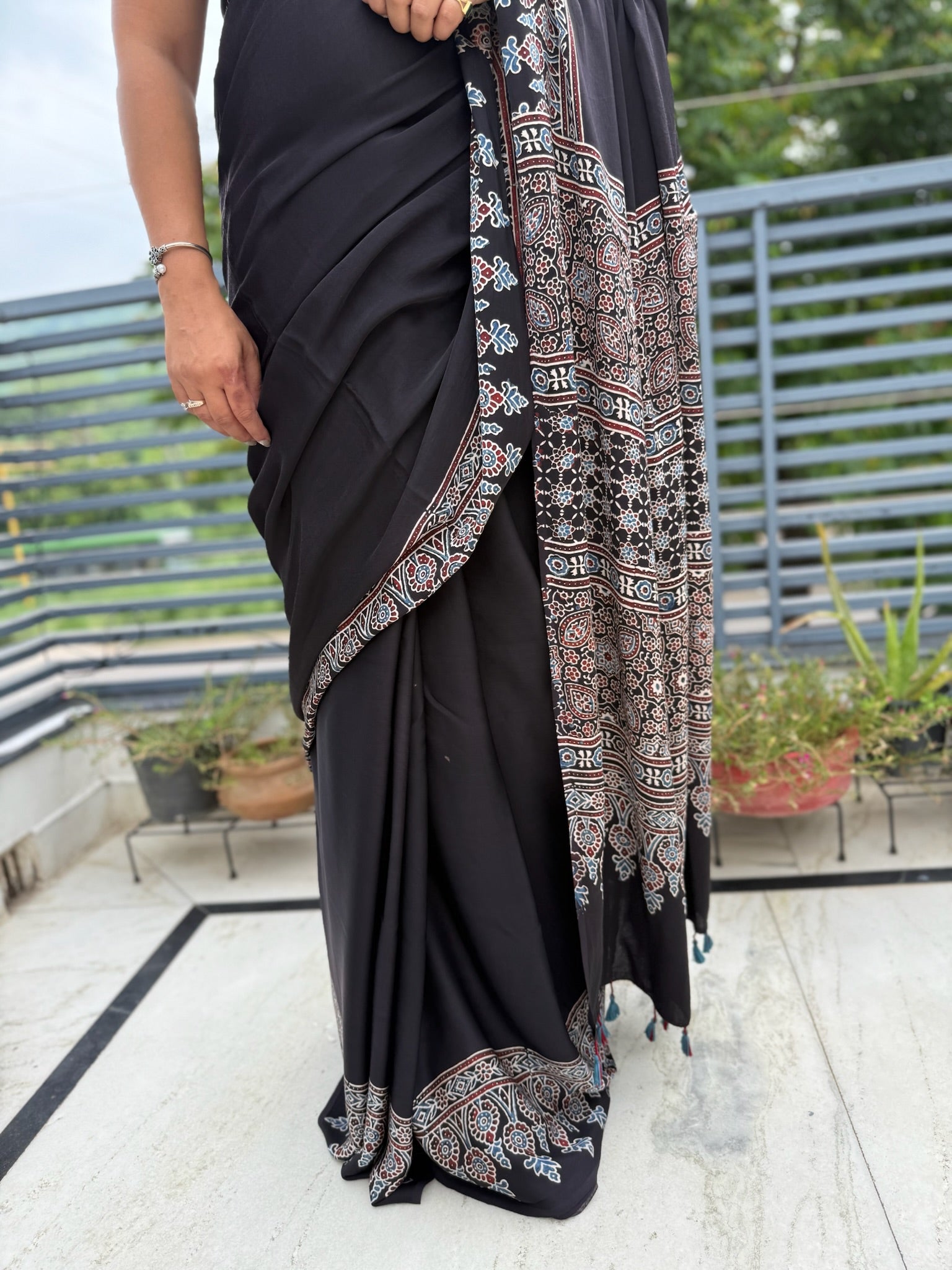 Black And White Block Print Ajrakh Modal Silk Saree