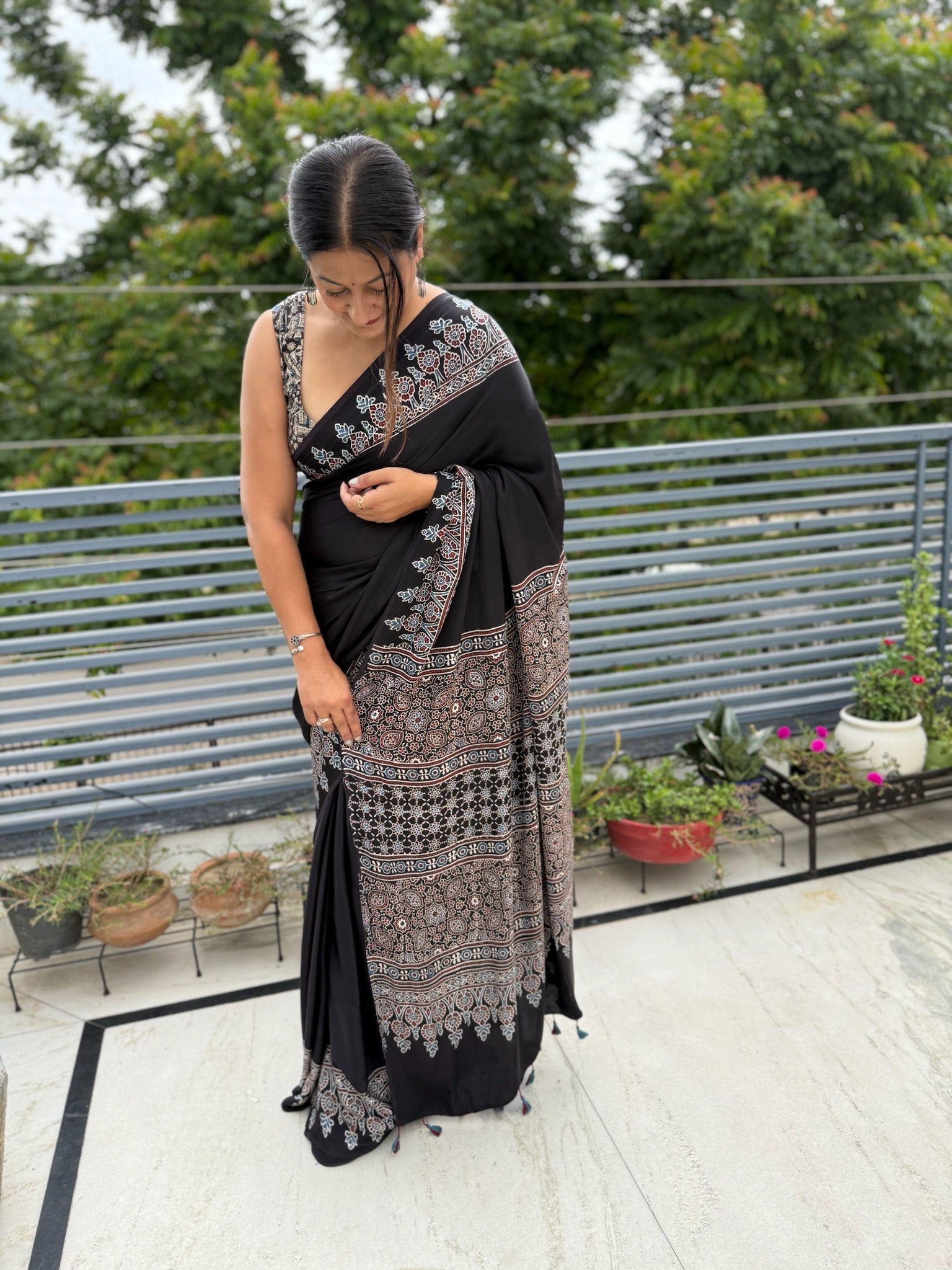 Black And White Block Print Ajrakh Modal Silk Saree