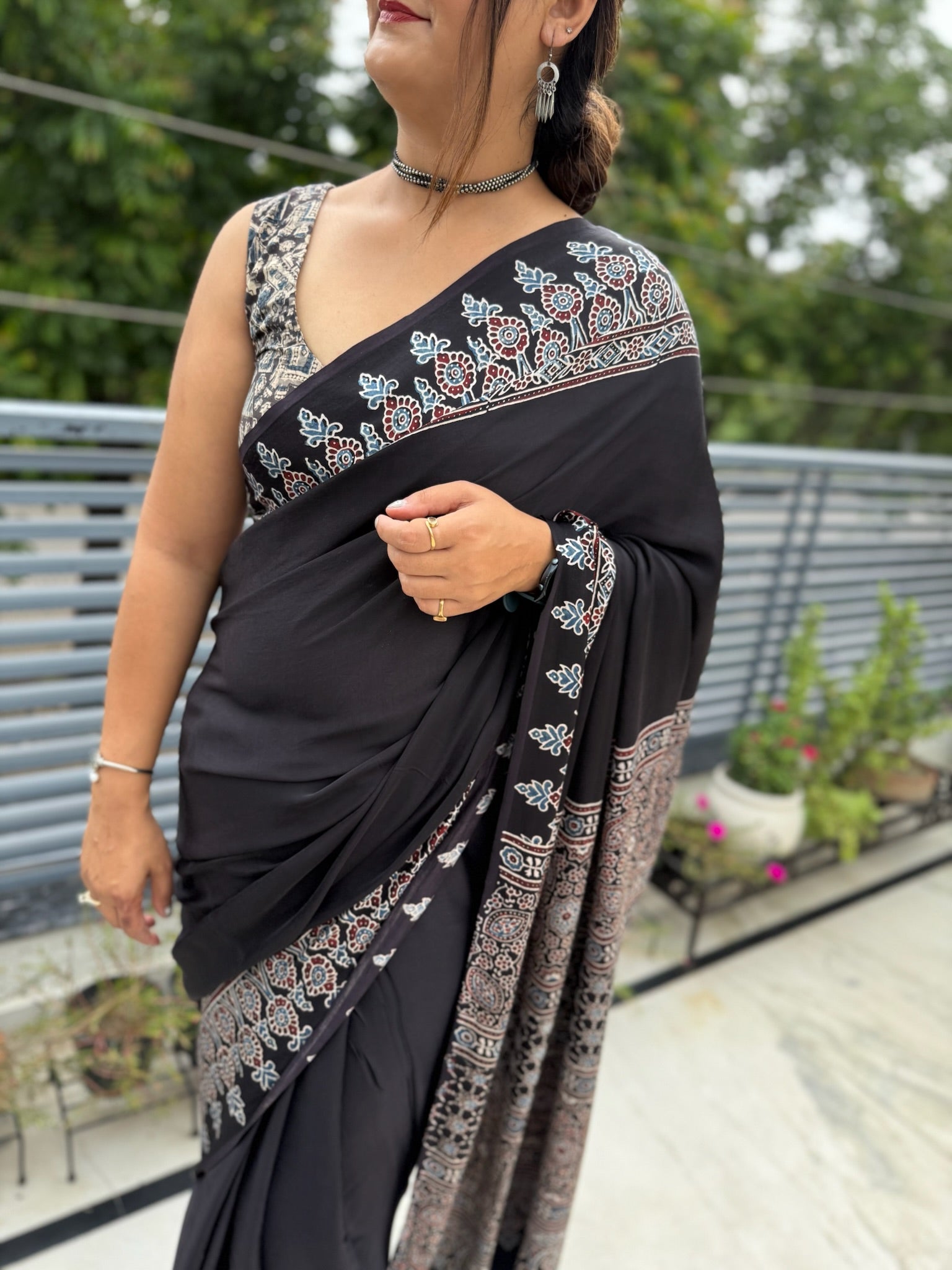 Black And White Block Print Ajrakh Modal Silk Saree