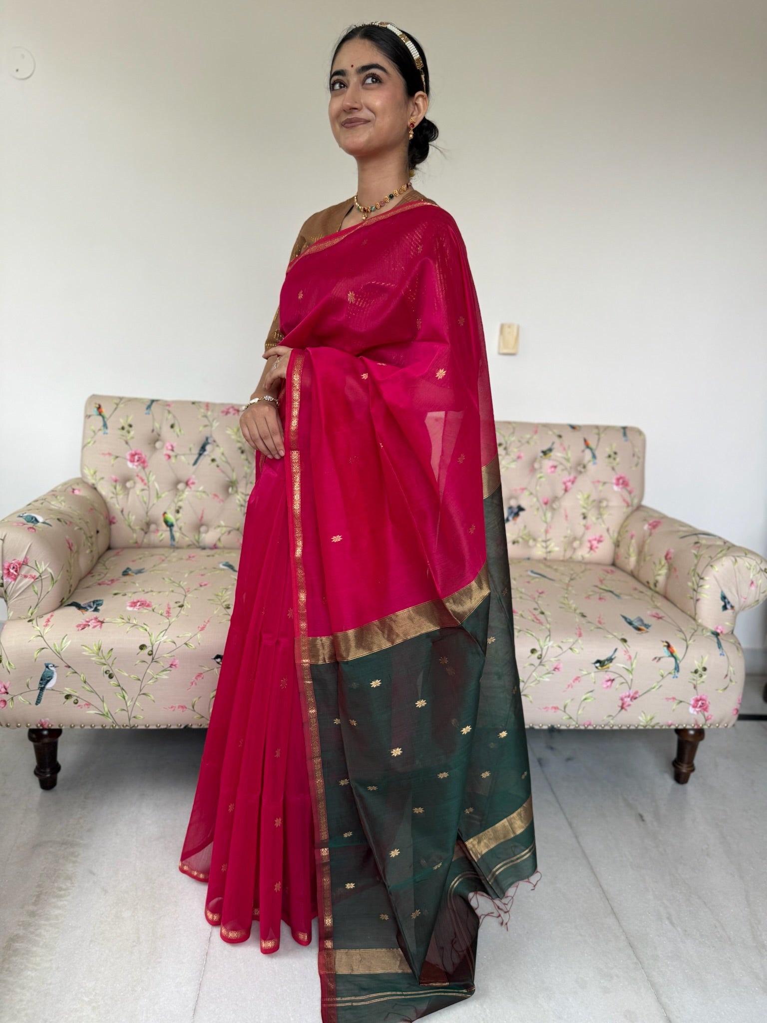 Classic Pink and Green Star Buti Handcrafted Cotton Silk Maheshwari Saree
