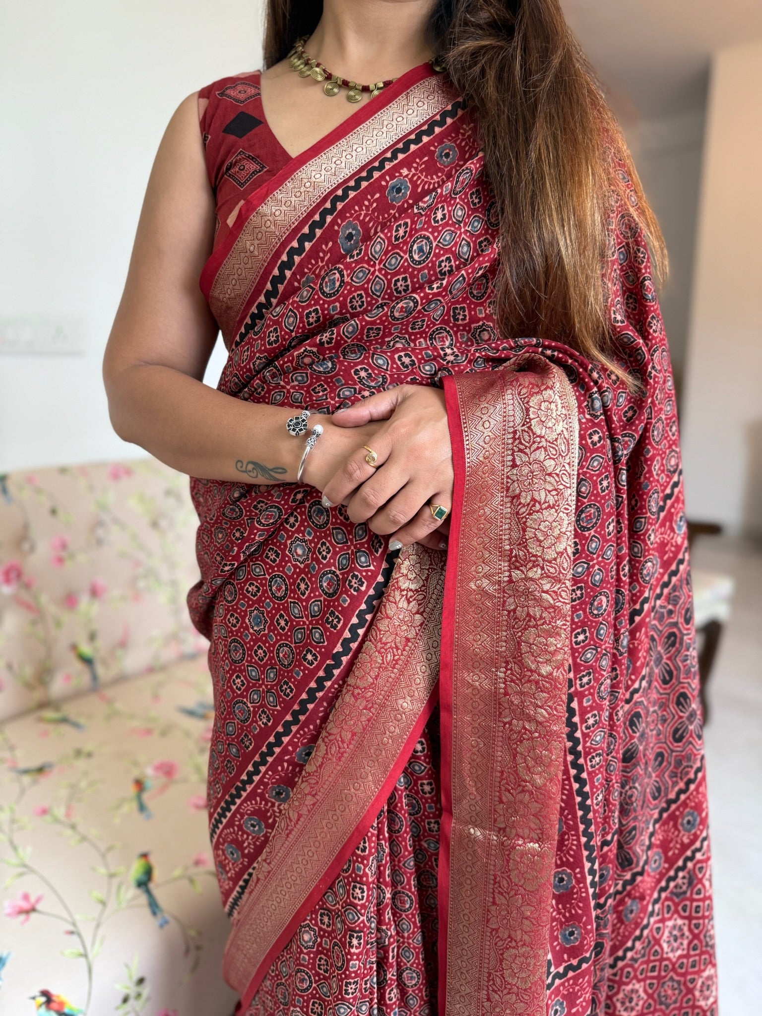 Rust Red Hand Block Ajrakh Dola Silk Saree