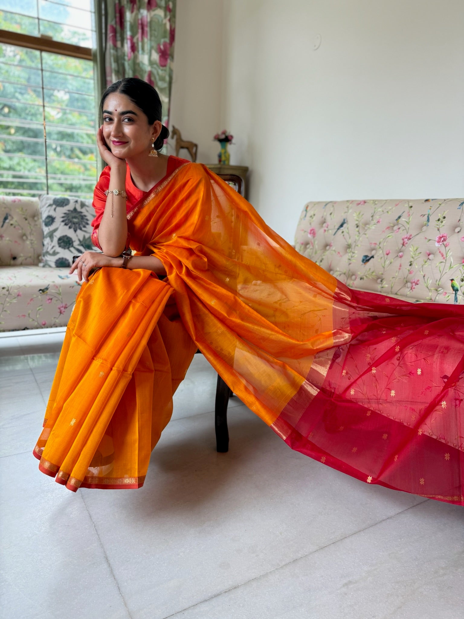 Classic Yellow and Red Star Buti Handcrafted Cotton Silk Maheshwari Saree
