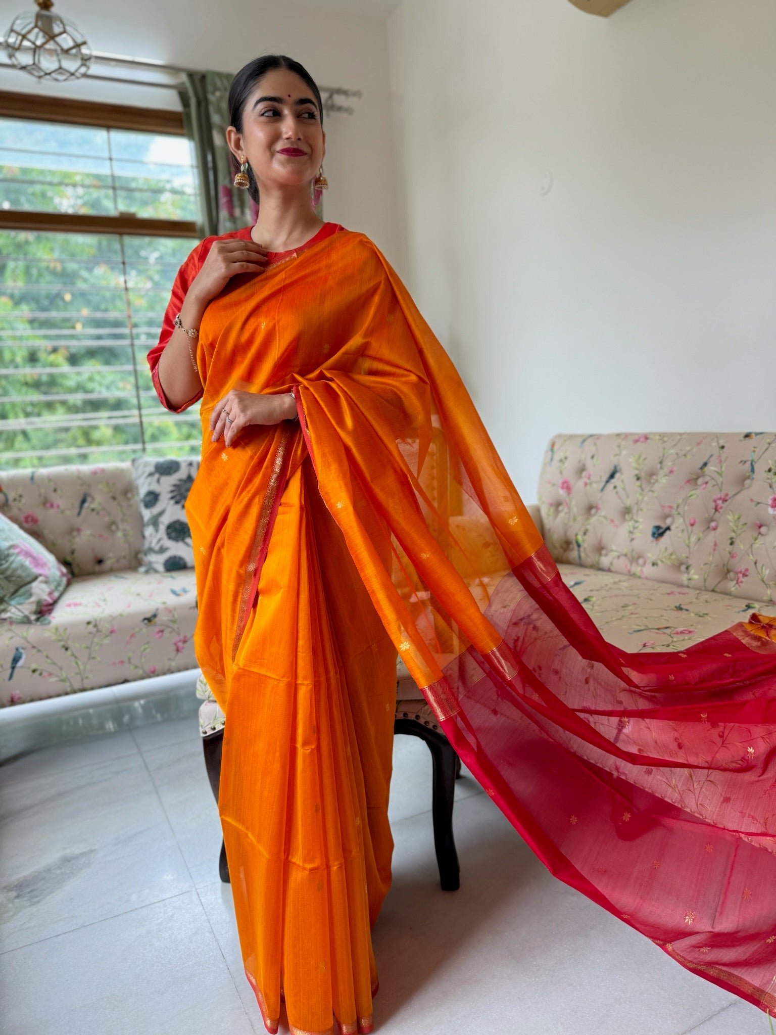 Classic Yellow and Red Star Buti Handcrafted Cotton Silk Maheshwari Saree