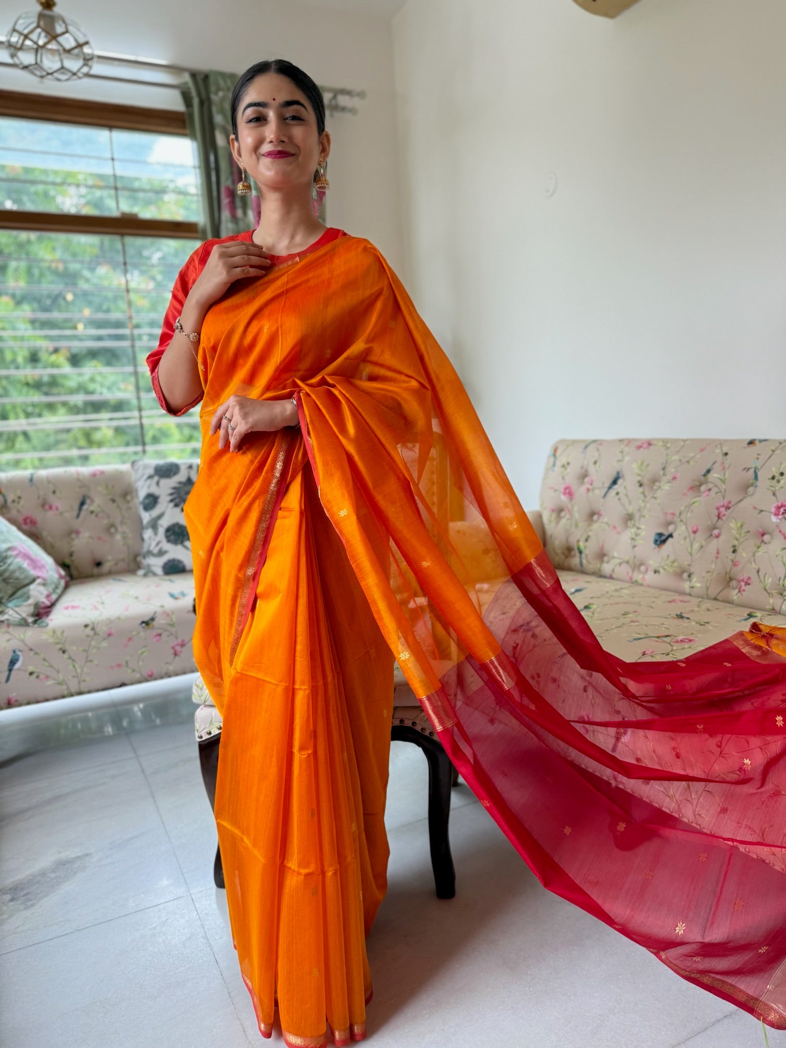 Classic Yellow and Red Star Buti Handcrafted Cotton Silk Maheshwari Saree