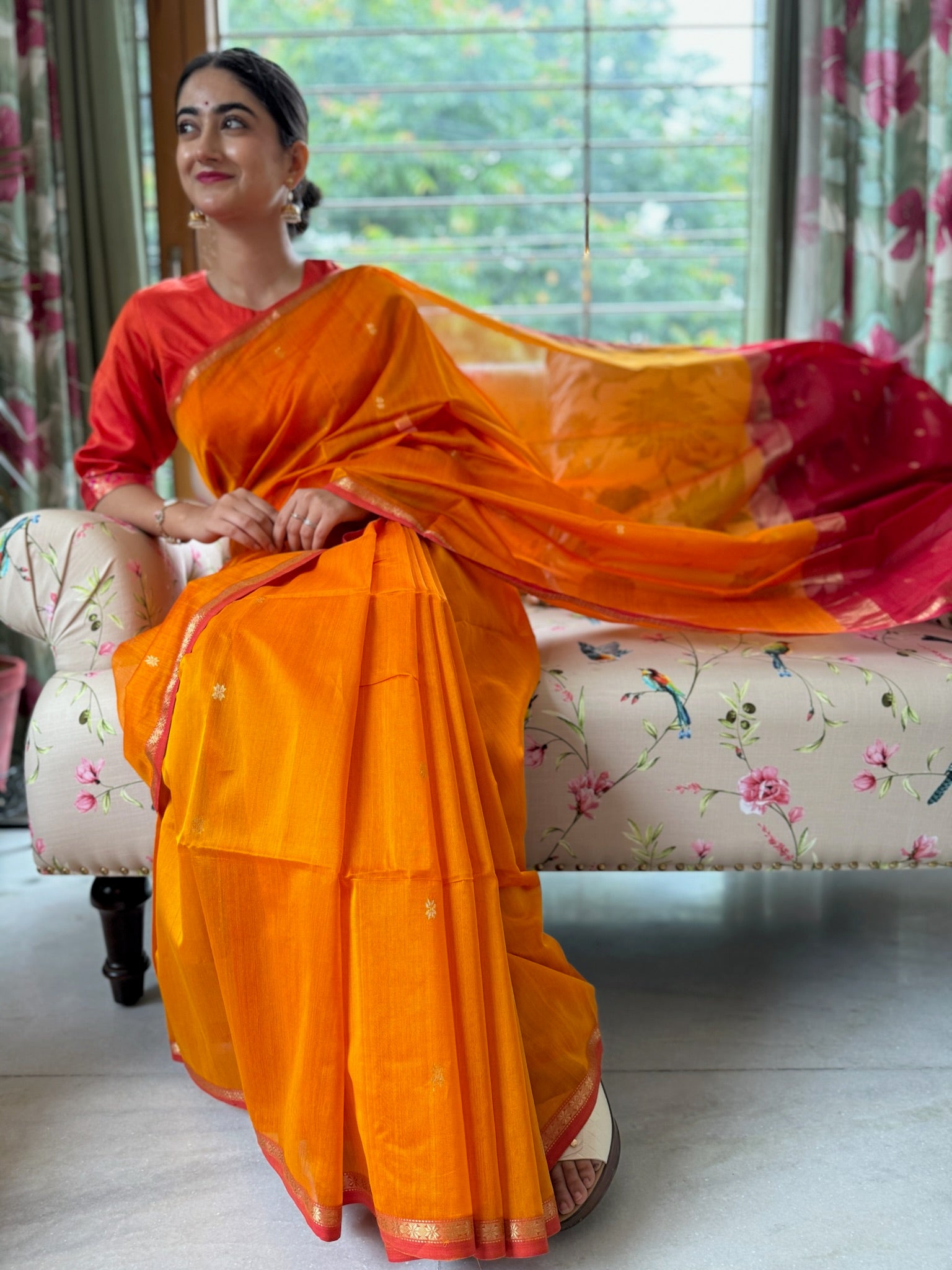 Classic Yellow and Red Star Buti Handcrafted Cotton Silk Maheshwari Saree