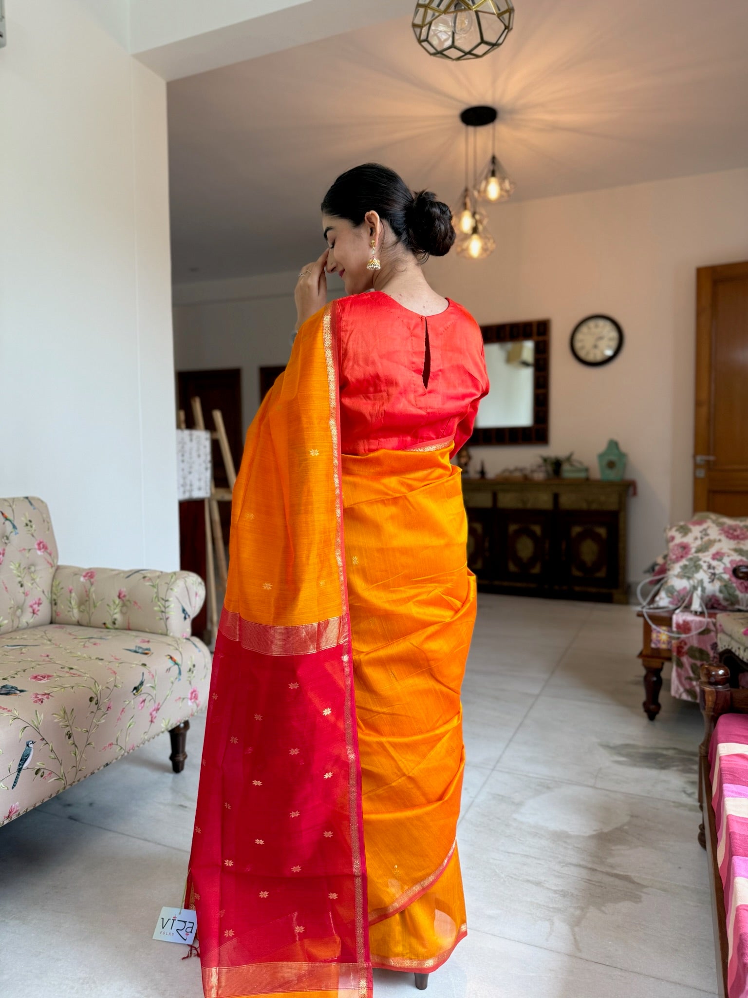 Classic Yellow and Red Star Buti Handcrafted Cotton Silk Maheshwari Saree