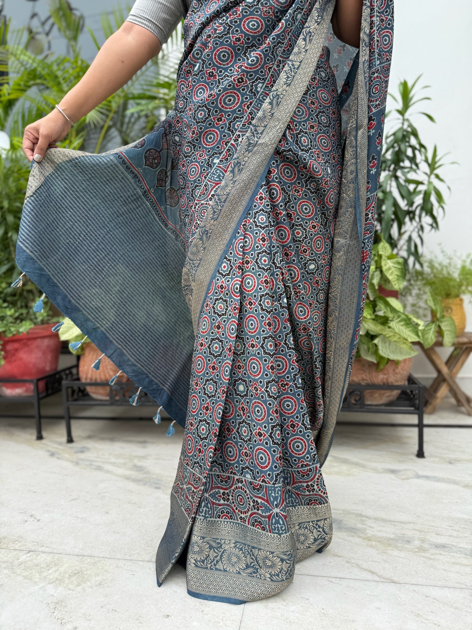 Slate Blue Hand Block Ajrakh Dola Silk Saree