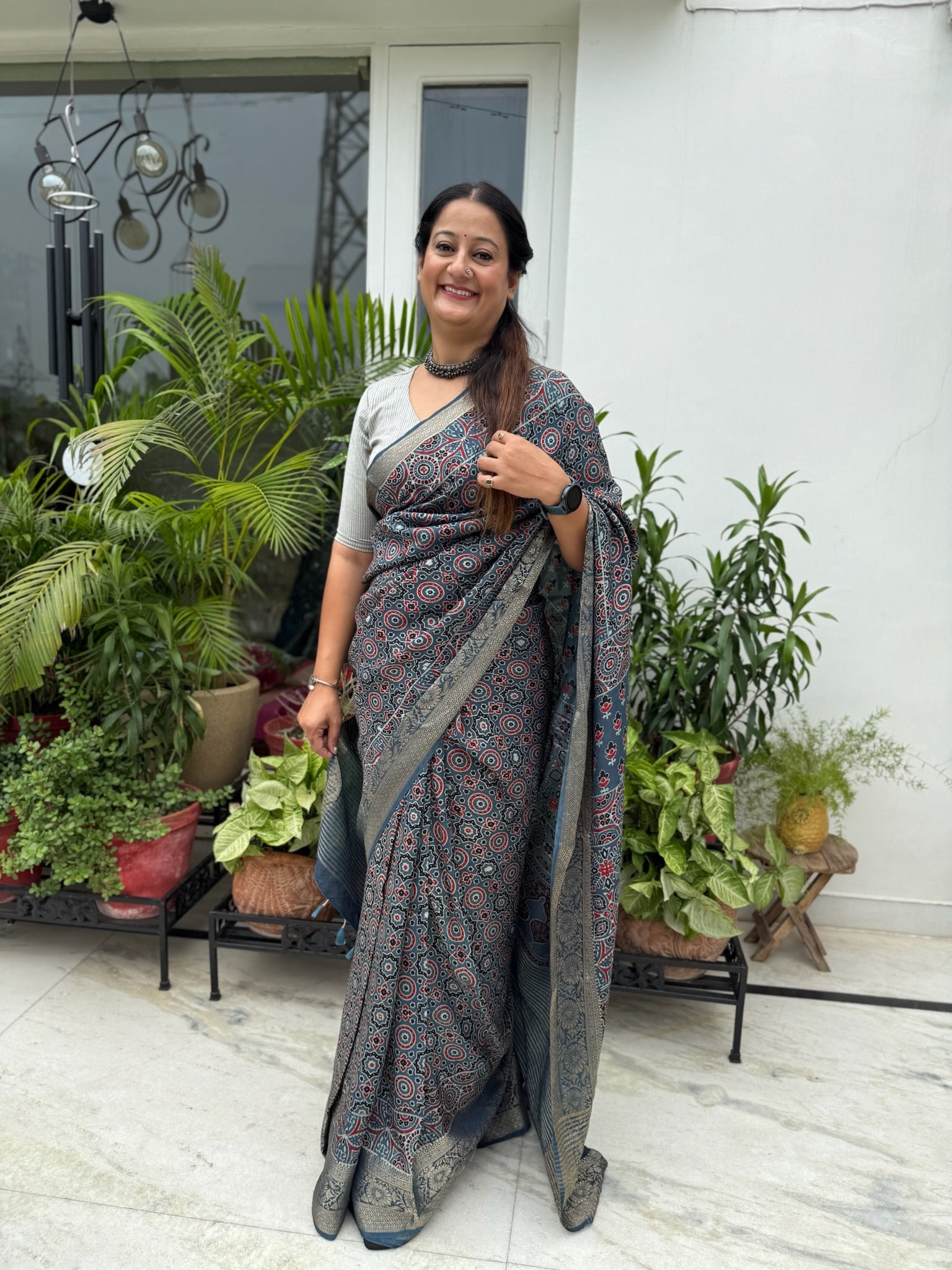 Slate Blue Hand Block Ajrakh Dola Silk Saree